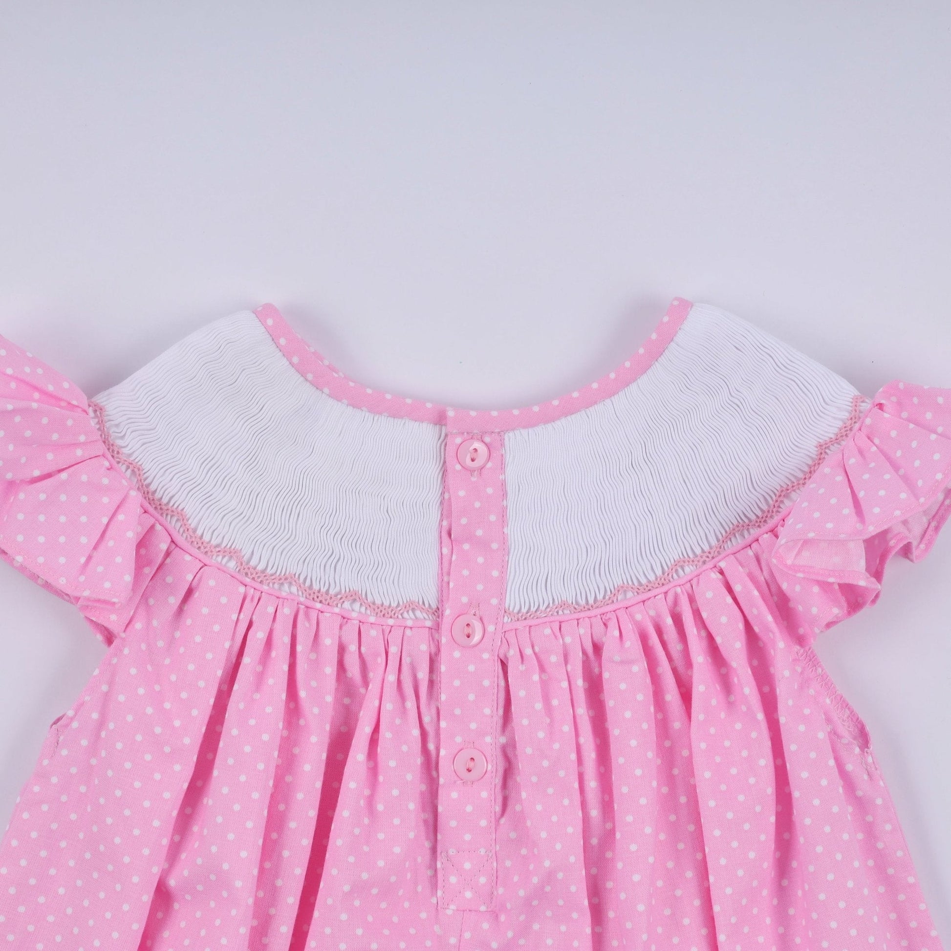 Pink character hand smocked dot ruffle dress - Abbies Place