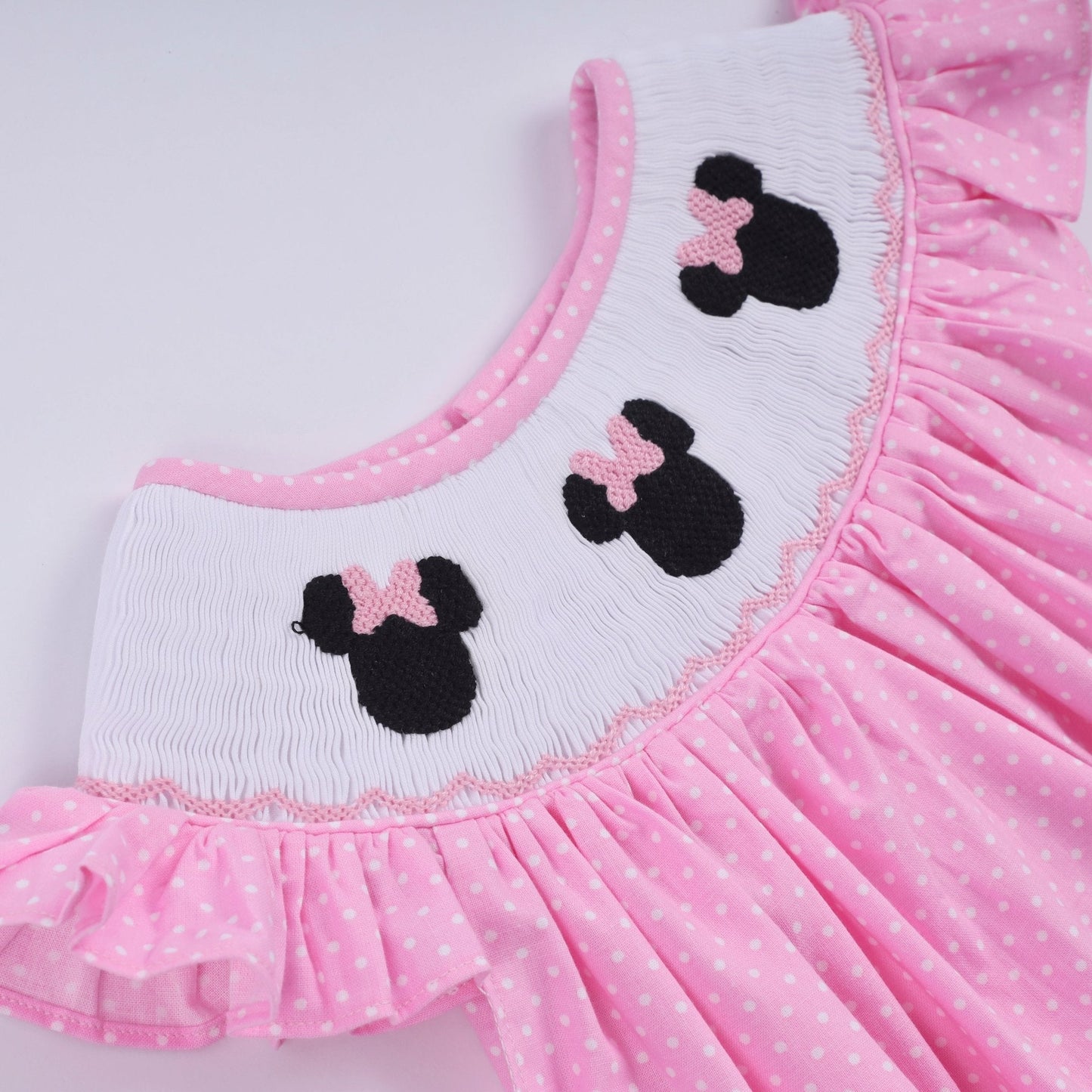 Pink character hand smocked dot ruffle dress - Abbies Place
