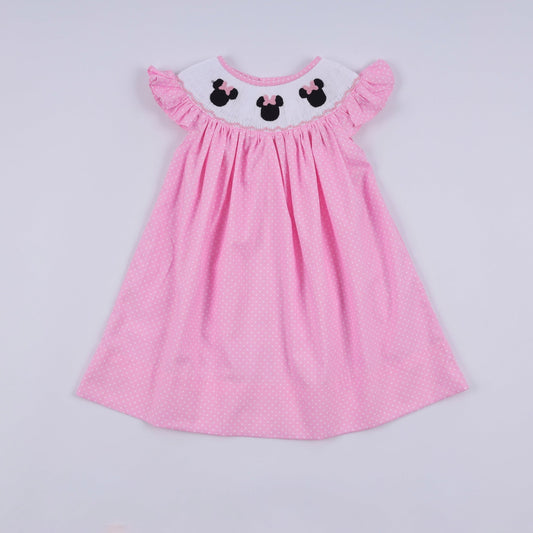 Pink character hand smocked dot ruffle dress - Abbies Place