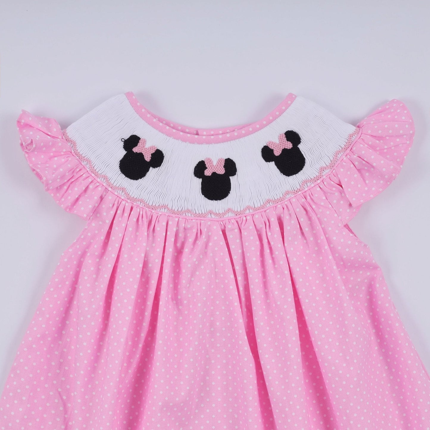 Pink character hand smocked dot ruffle dress - Abbies Place