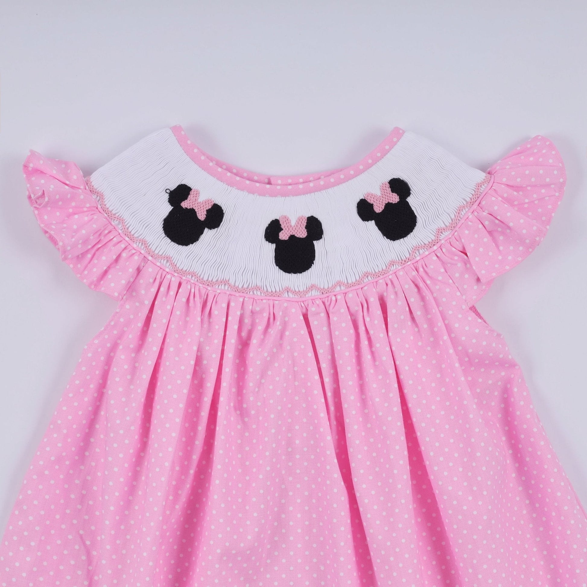 Pink character hand smocked dot ruffle dress - Abbies Place