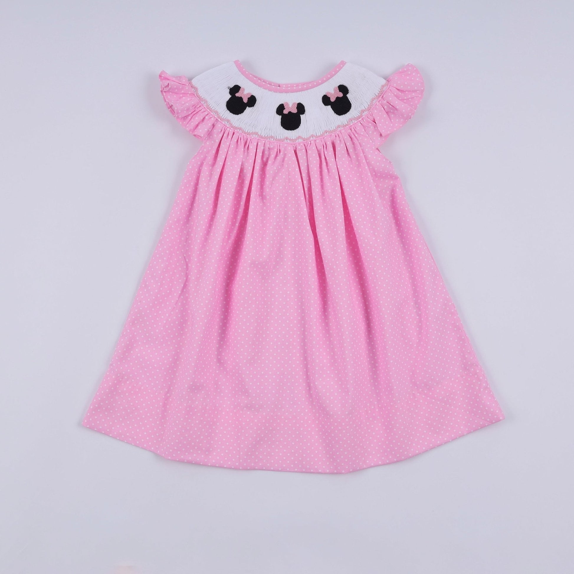 Pink character hand smocked dot ruffle dress - Abbies Place