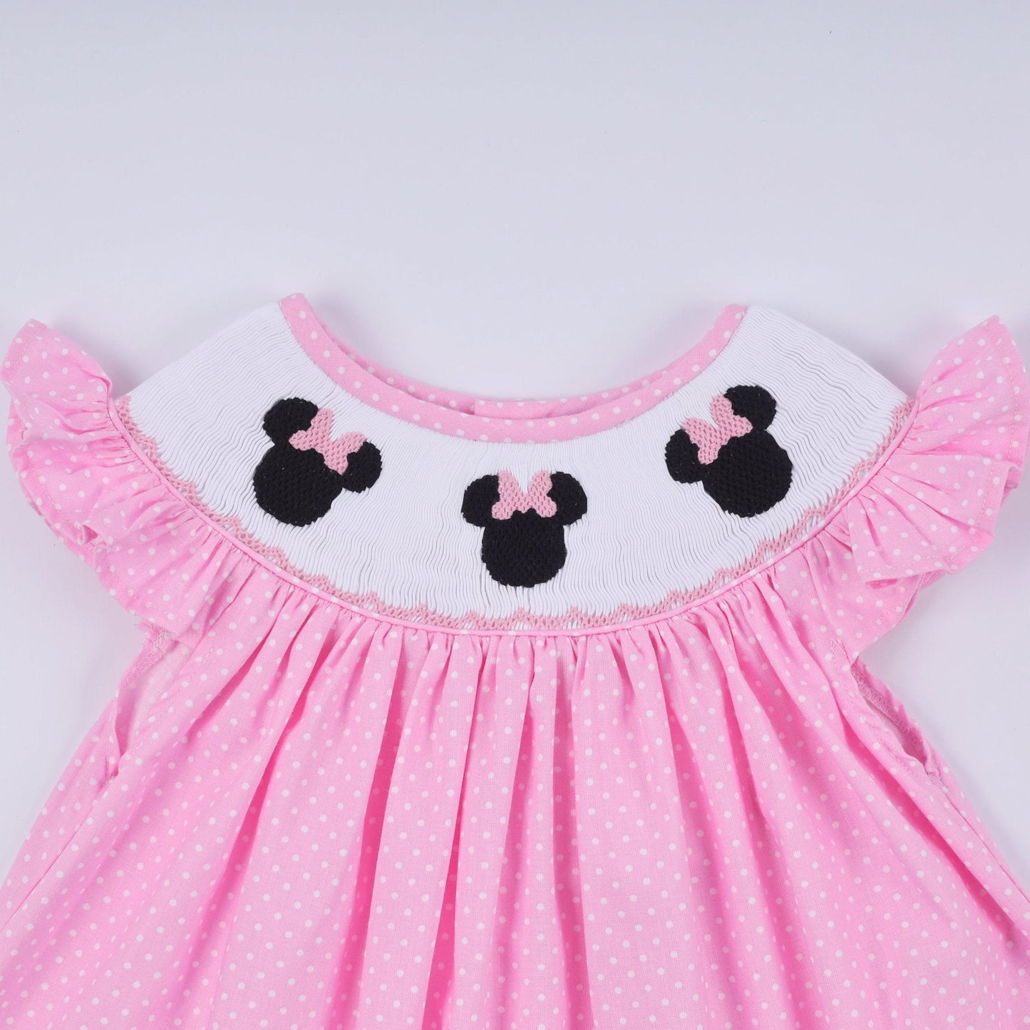 Pink character hand smocked dot ruffle pants set - Abbies Place