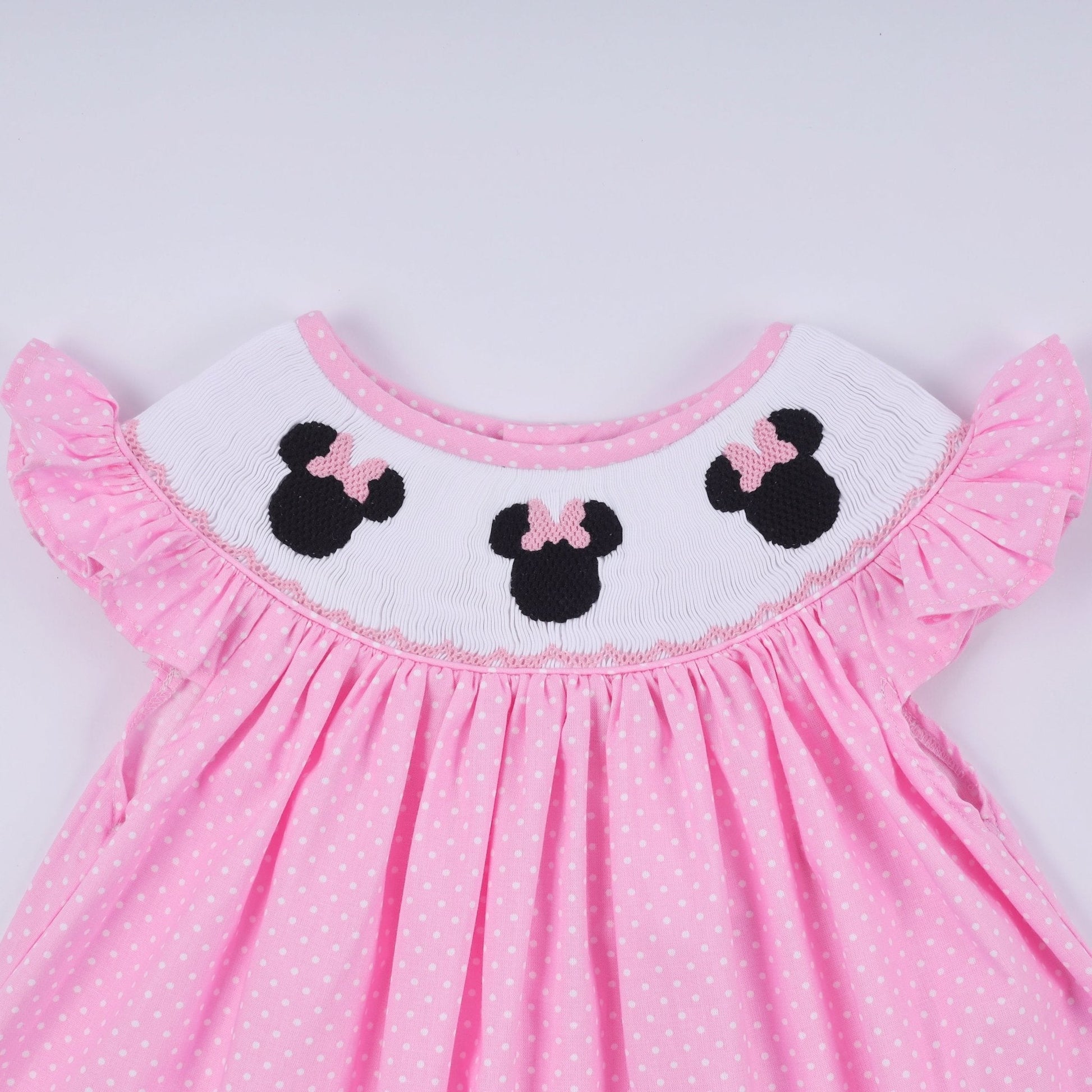 Pink character hand smocked dot ruffle pants set - Abbies Place
