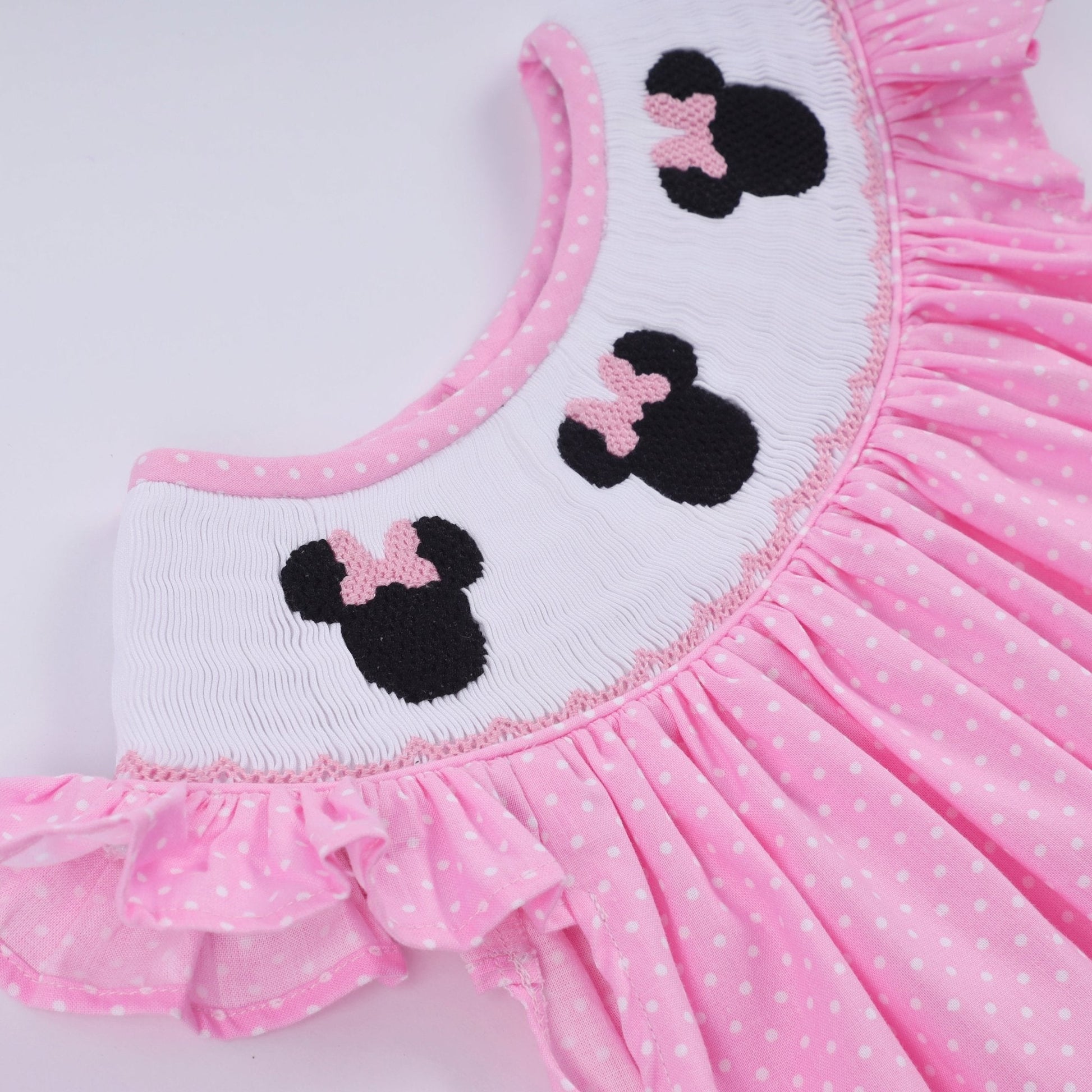 Pink character hand smocked dot ruffle pants set - Abbies Place