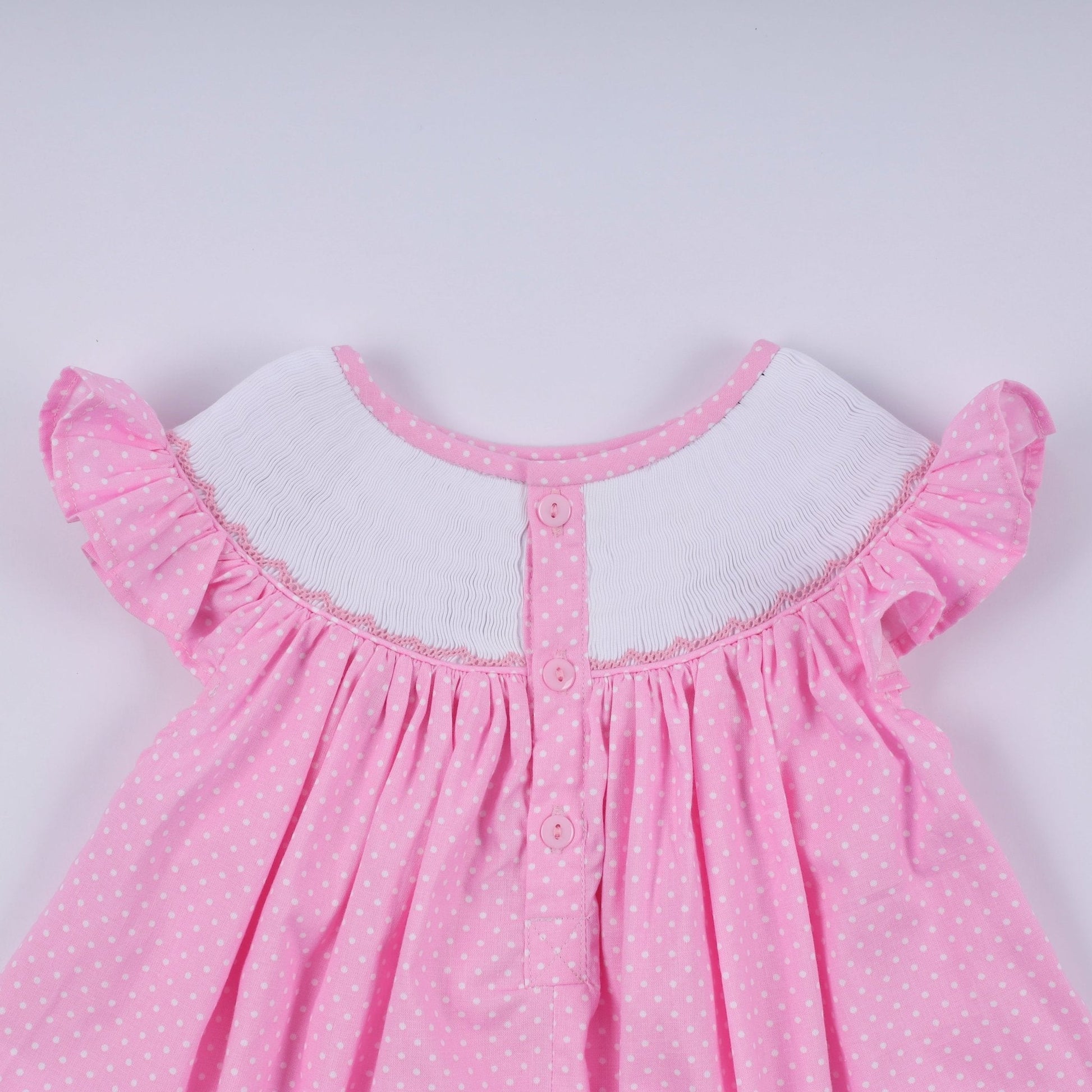 Pink character hand smocked dot ruffle pants set - Abbies Place