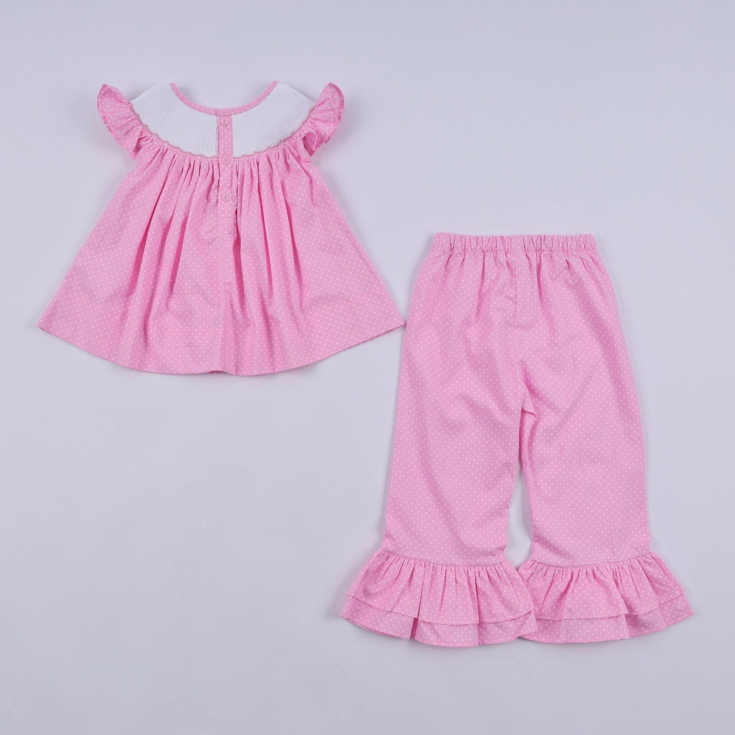 Pink character hand smocked dot ruffle pants set - Abbies Place