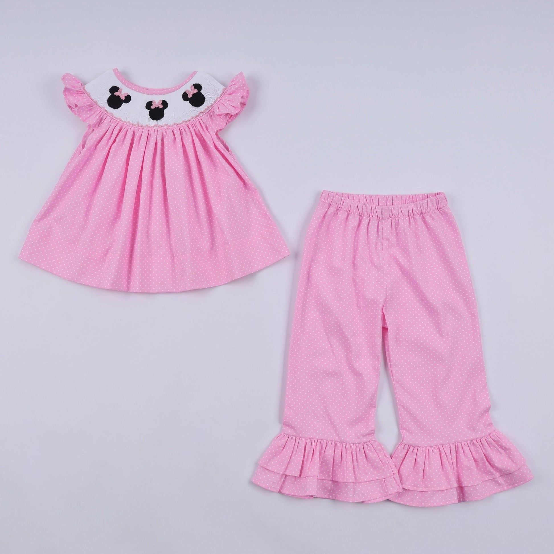 Pink character hand smocked dot ruffle pants set - Abbies Place