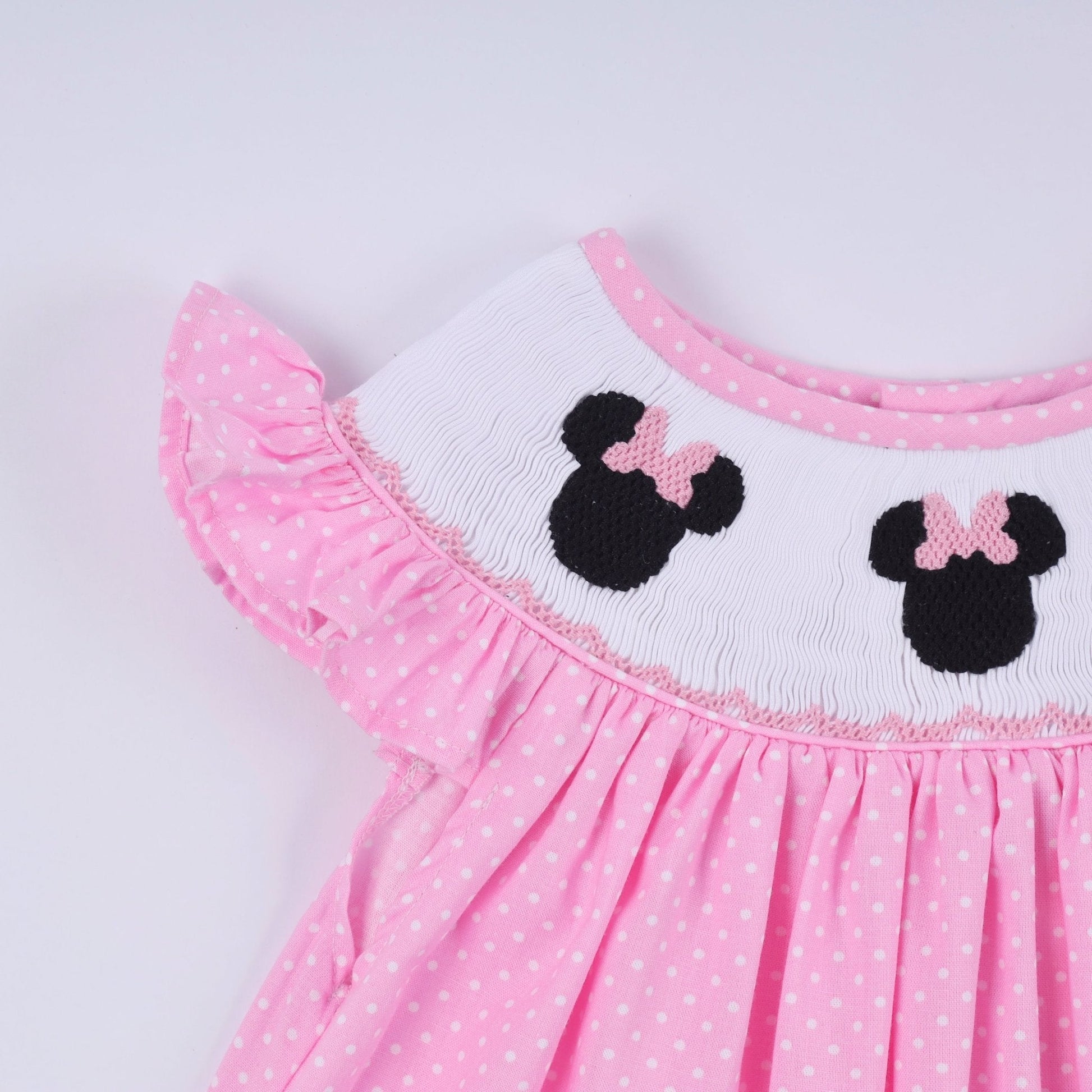Pink character hand smocked dot ruffle pants set - Abbies Place