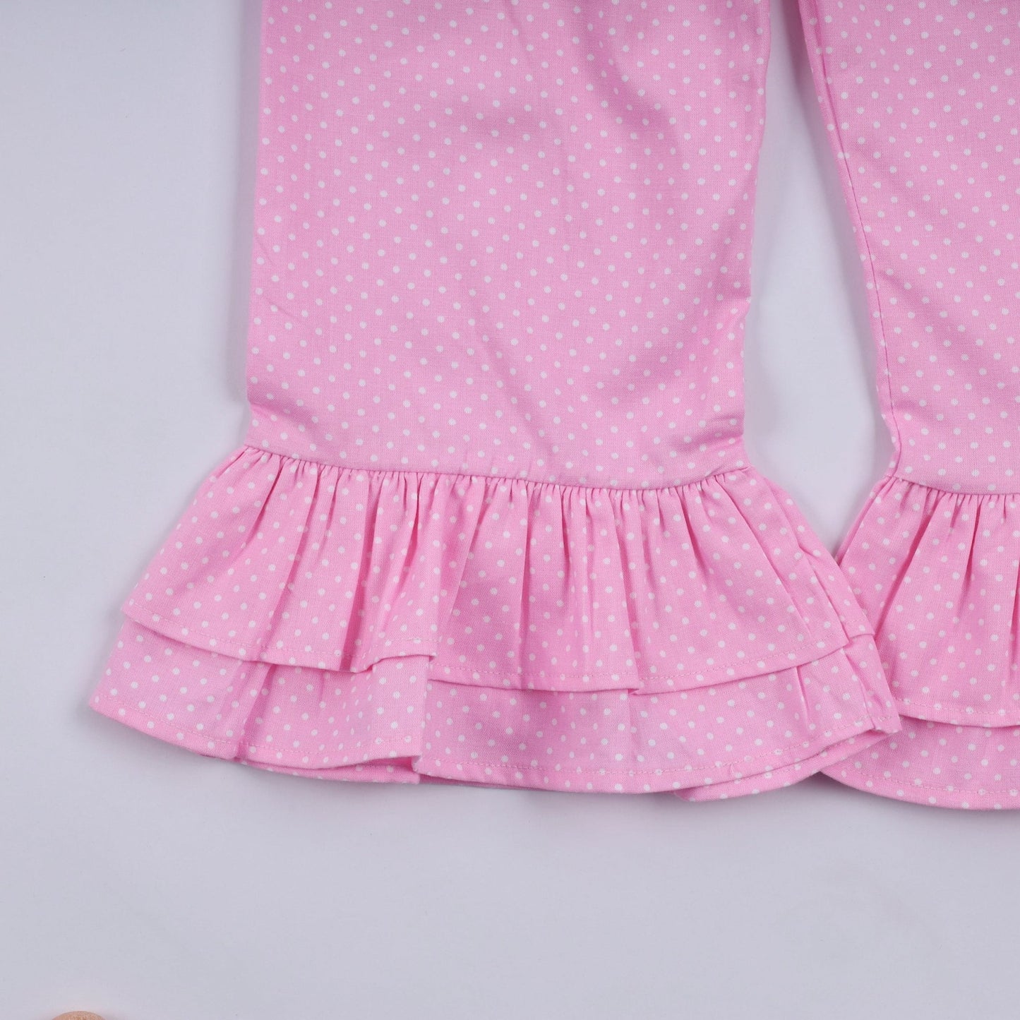 Pink character hand smocked dot ruffle pants set - Abbies Place