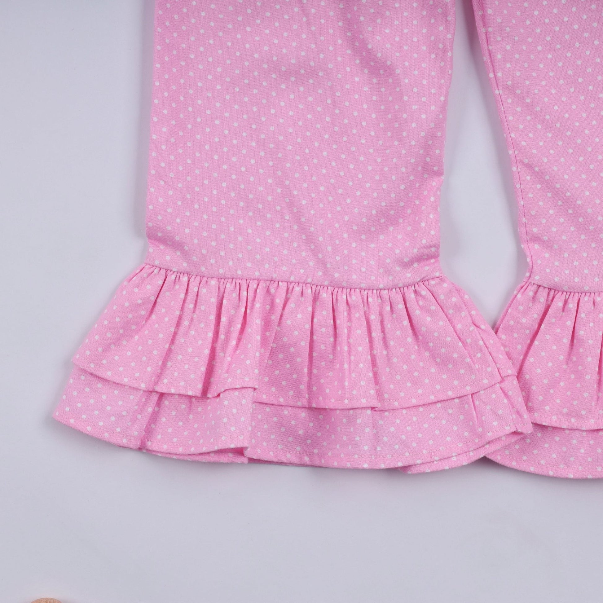 Pink character hand smocked dot ruffle pants set - Abbies Place