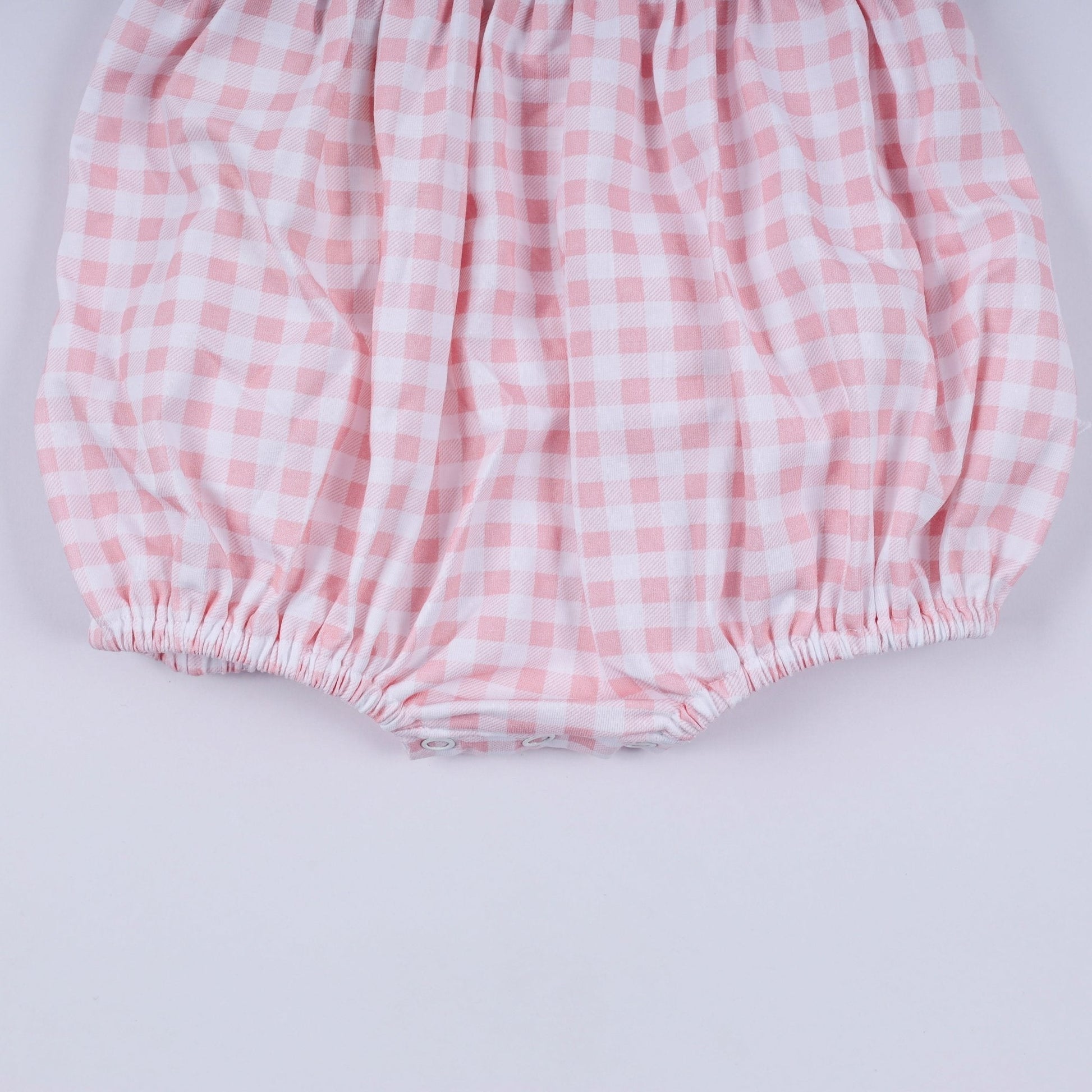 Pink character hand smocked gingham ruffle bubble - Abbies Place