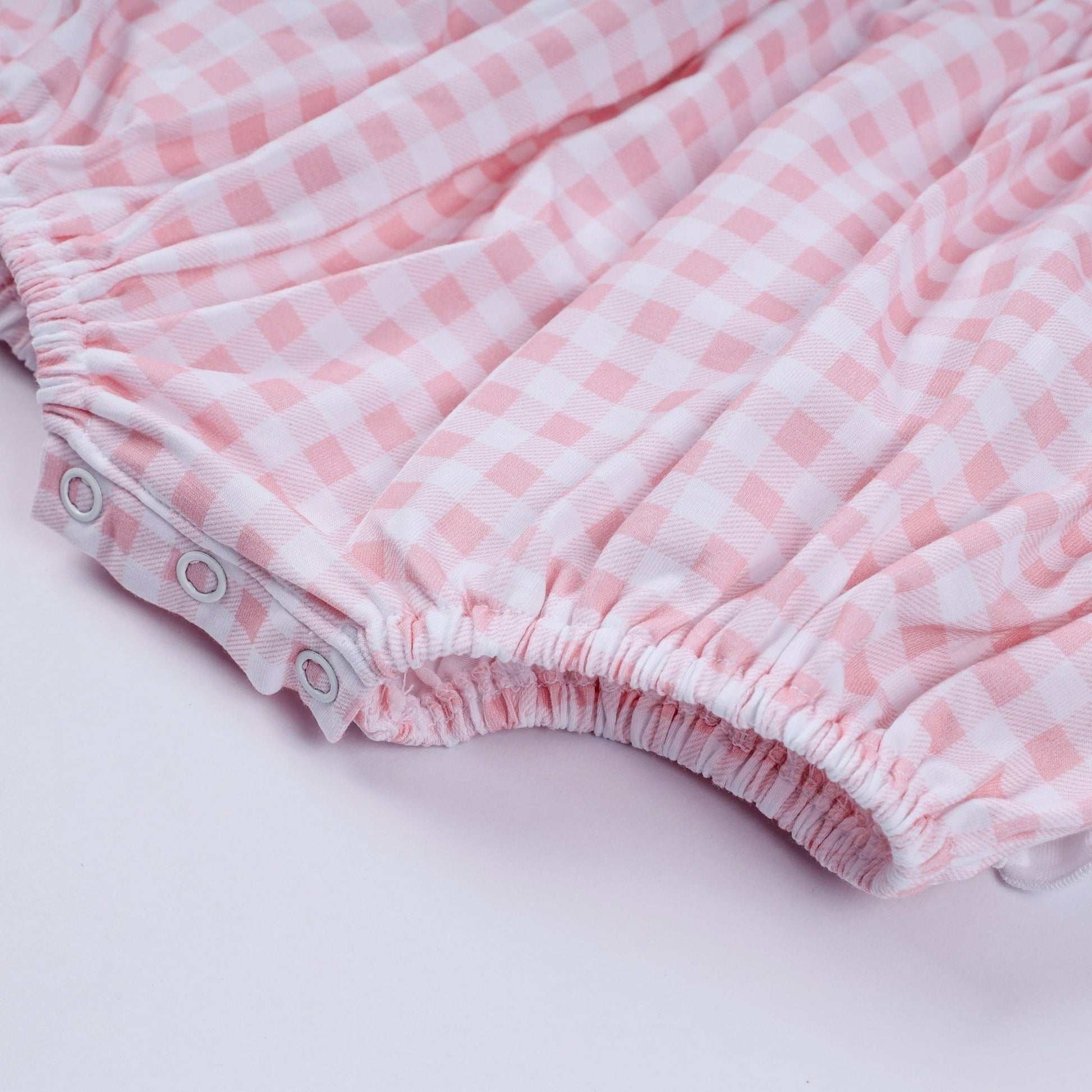 Pink character hand smocked gingham ruffle bubble - Abbies Place