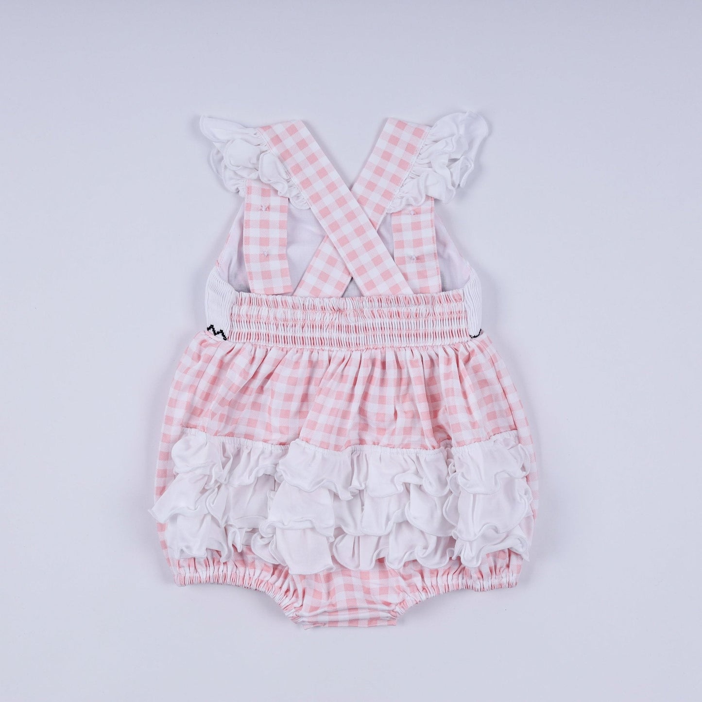 Pink character hand smocked gingham ruffle bubble - Abbies Place