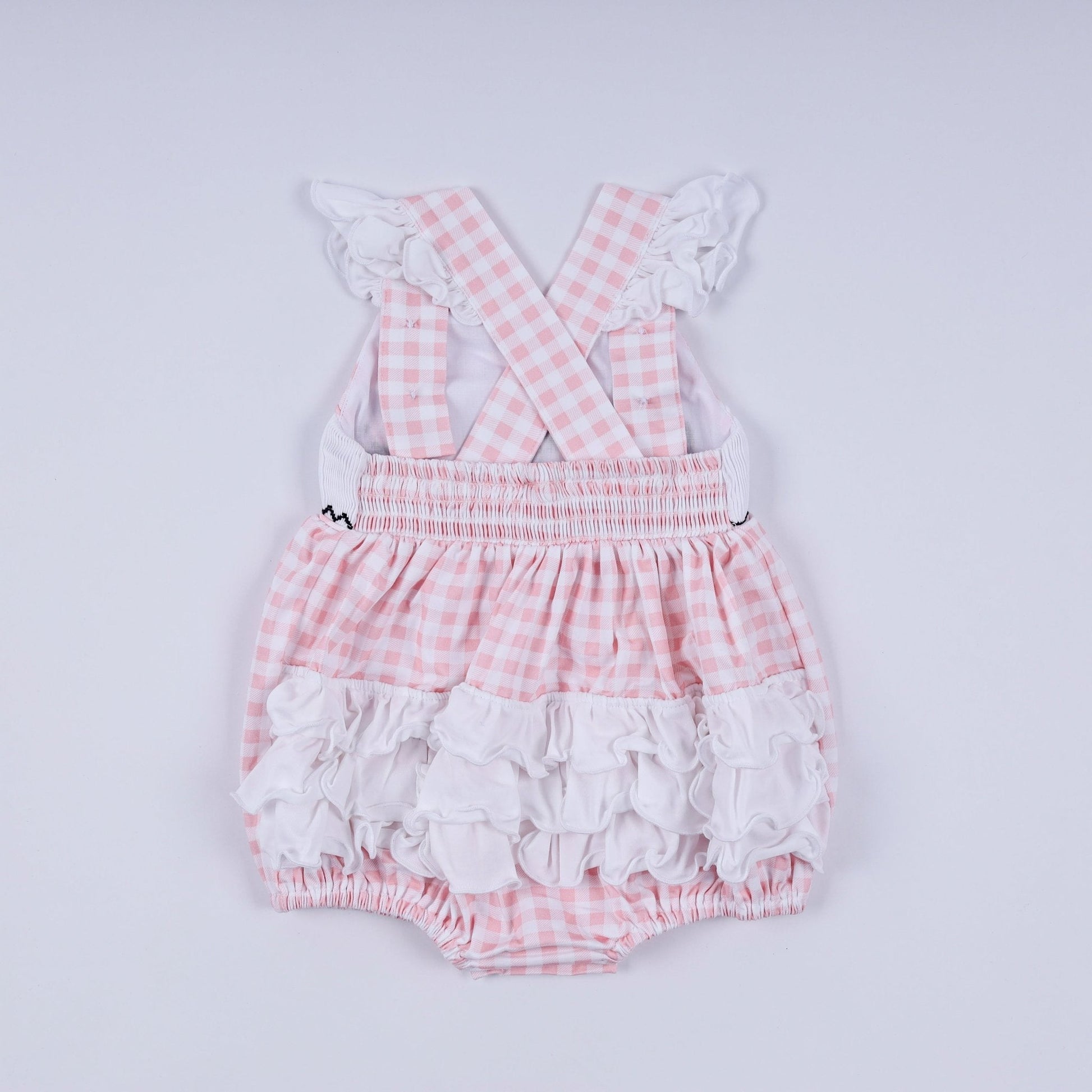 Pink character hand smocked gingham ruffle bubble - Abbies Place