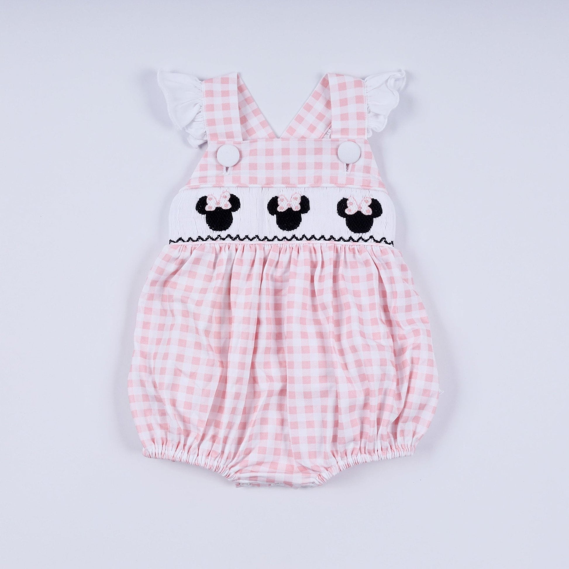 Pink character hand smocked gingham ruffle bubble - Abbies Place