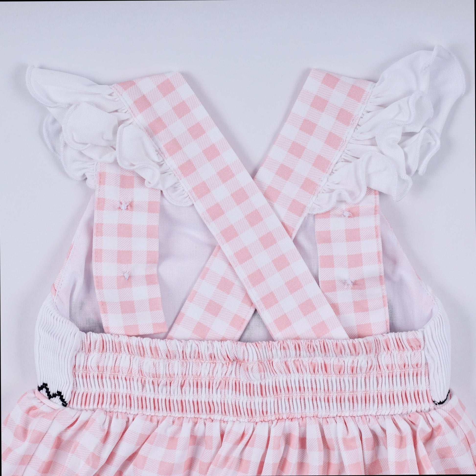 Pink character hand smocked gingham ruffle bubble - Abbies Place