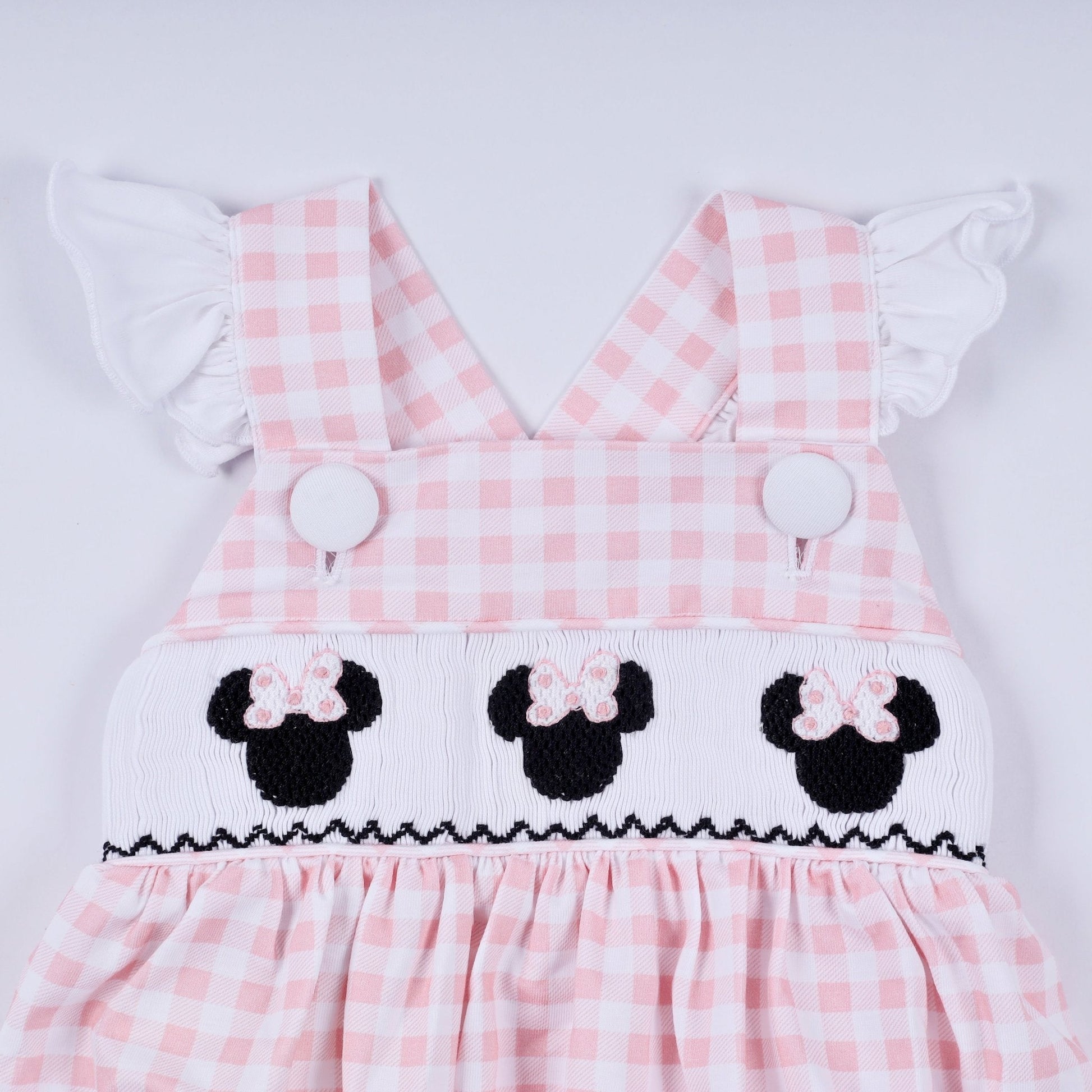 Pink character hand smocked gingham ruffle bubble - Abbies Place