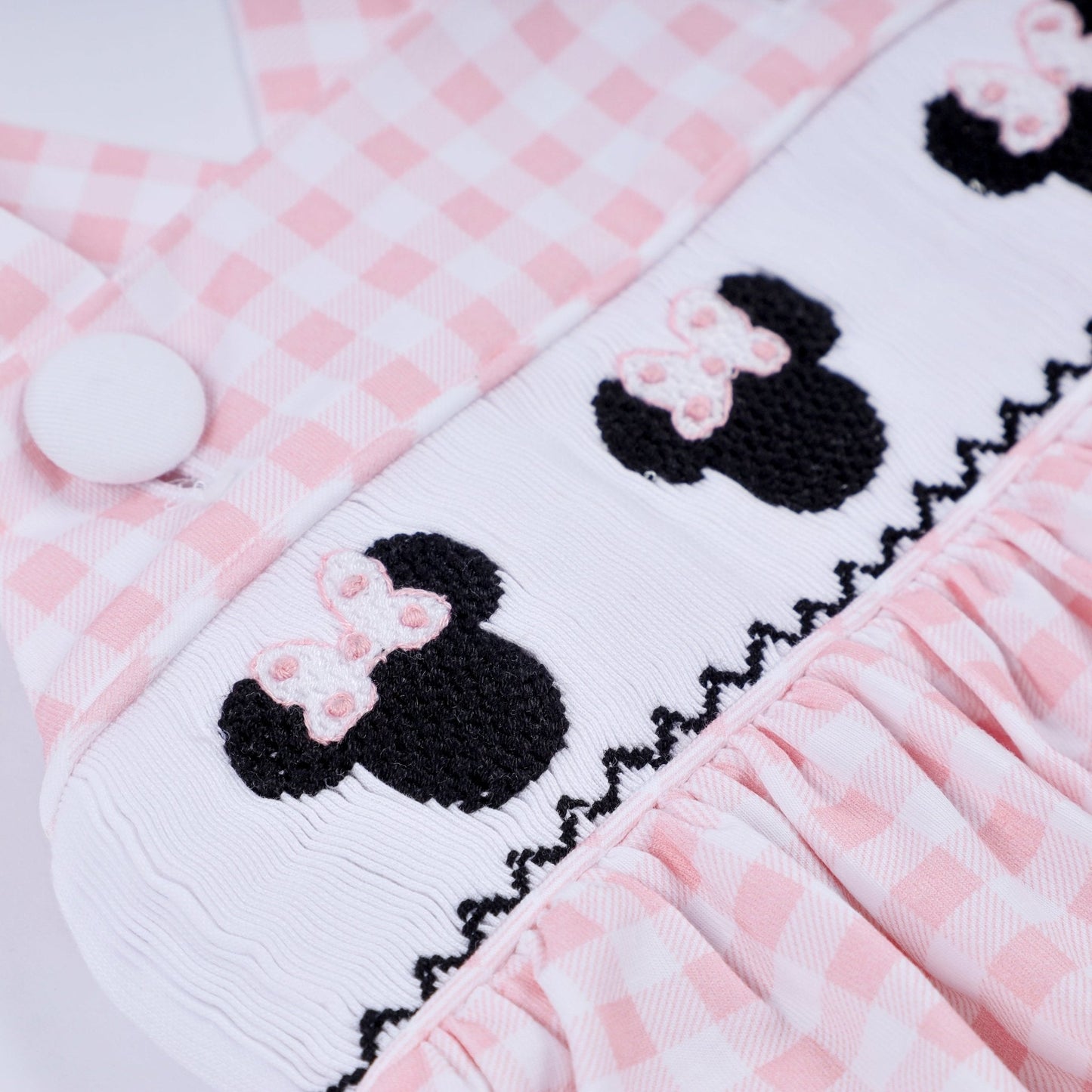 Pink character hand smocked gingham ruffle bubble - Abbies Place