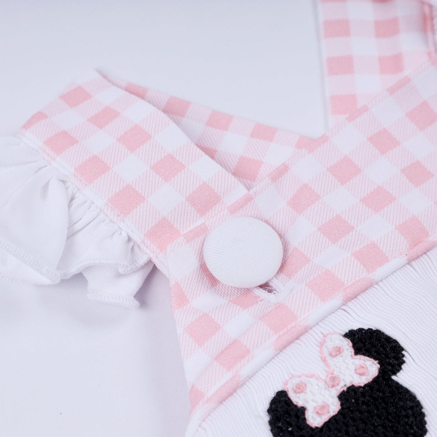 Pink character hand smocked gingham ruffle bubble - Abbies Place