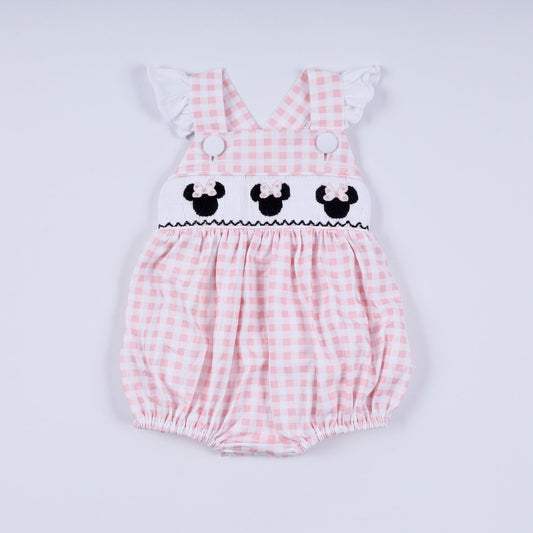 Pink character hand smocked gingham ruffle bubble - Abbies Place