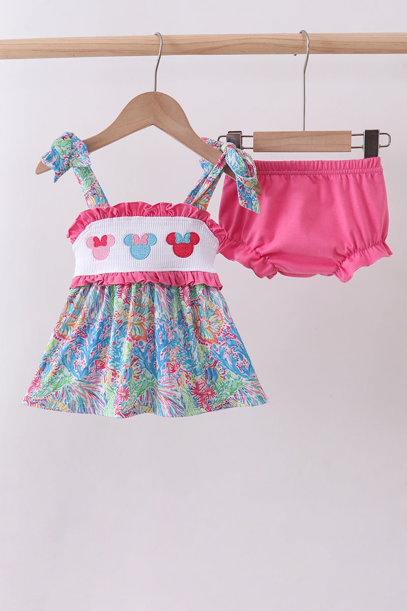 Pink character smocked ruffle bloomer set - Abbies Place