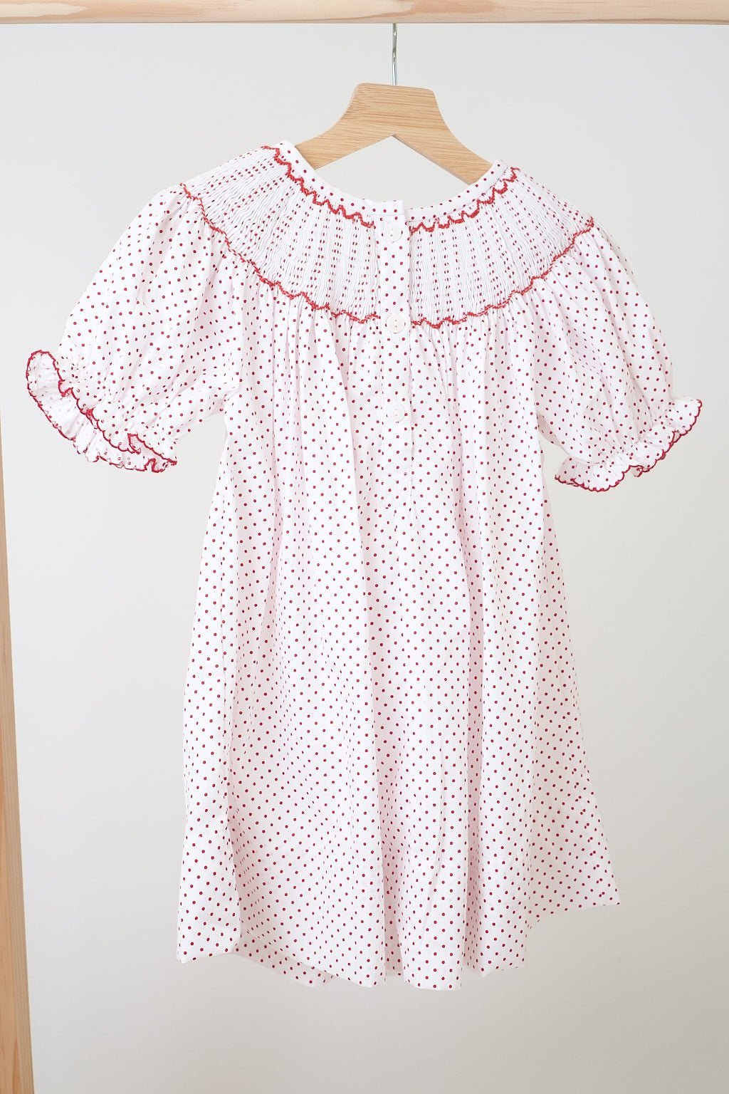 Pink christmas bishop hand smocked dot dress - Abbies Place