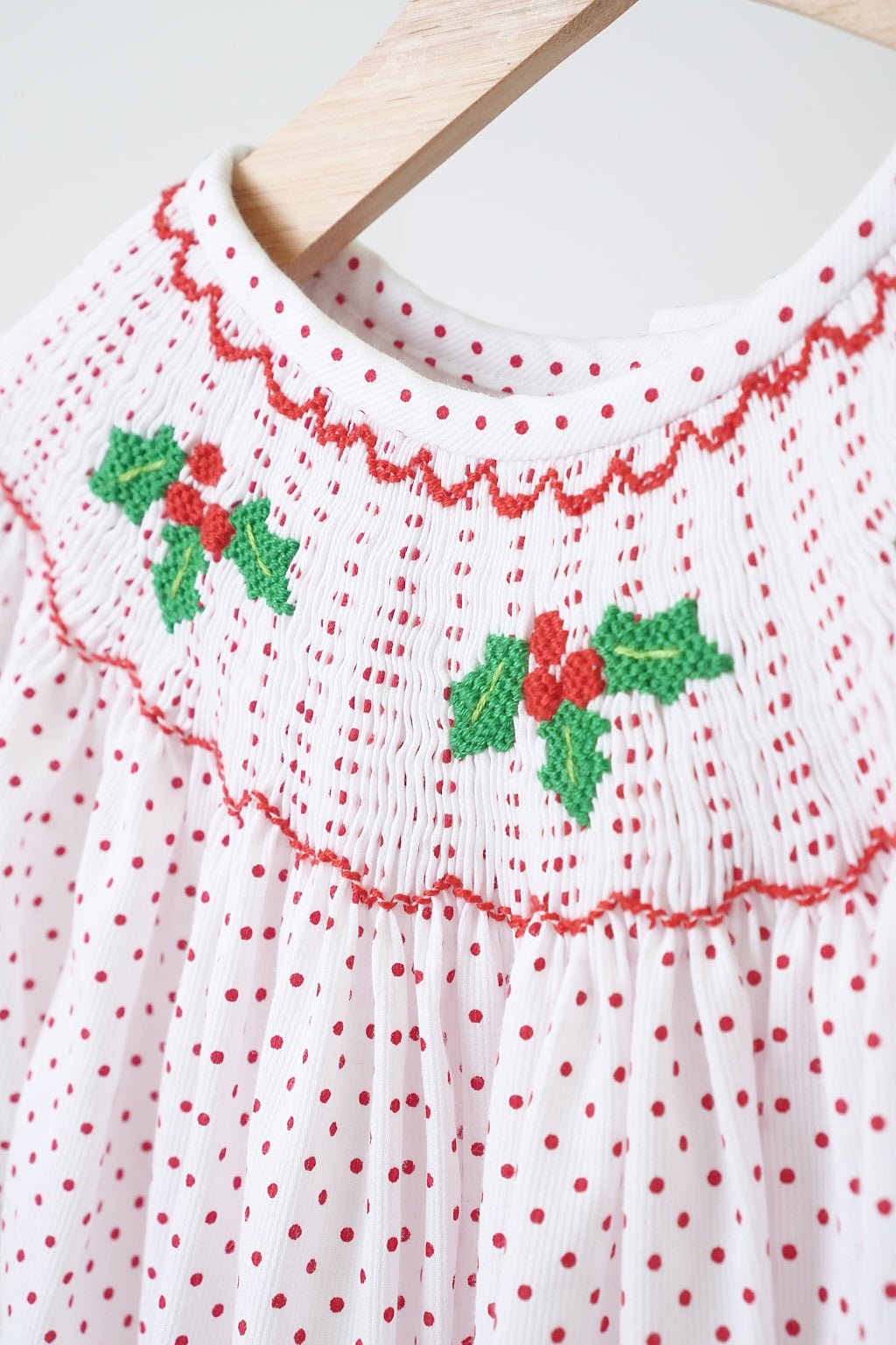 Pink christmas bishop hand smocked dot dress - Abbies Place