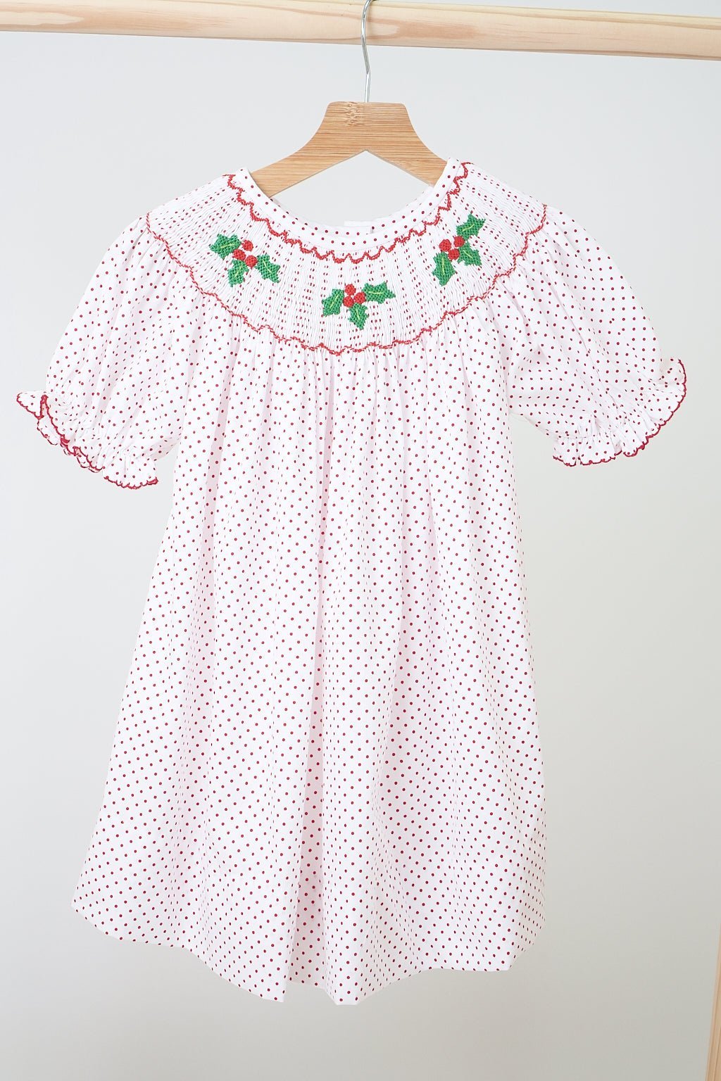 Pink christmas bishop hand smocked dot dress - Abbies Place