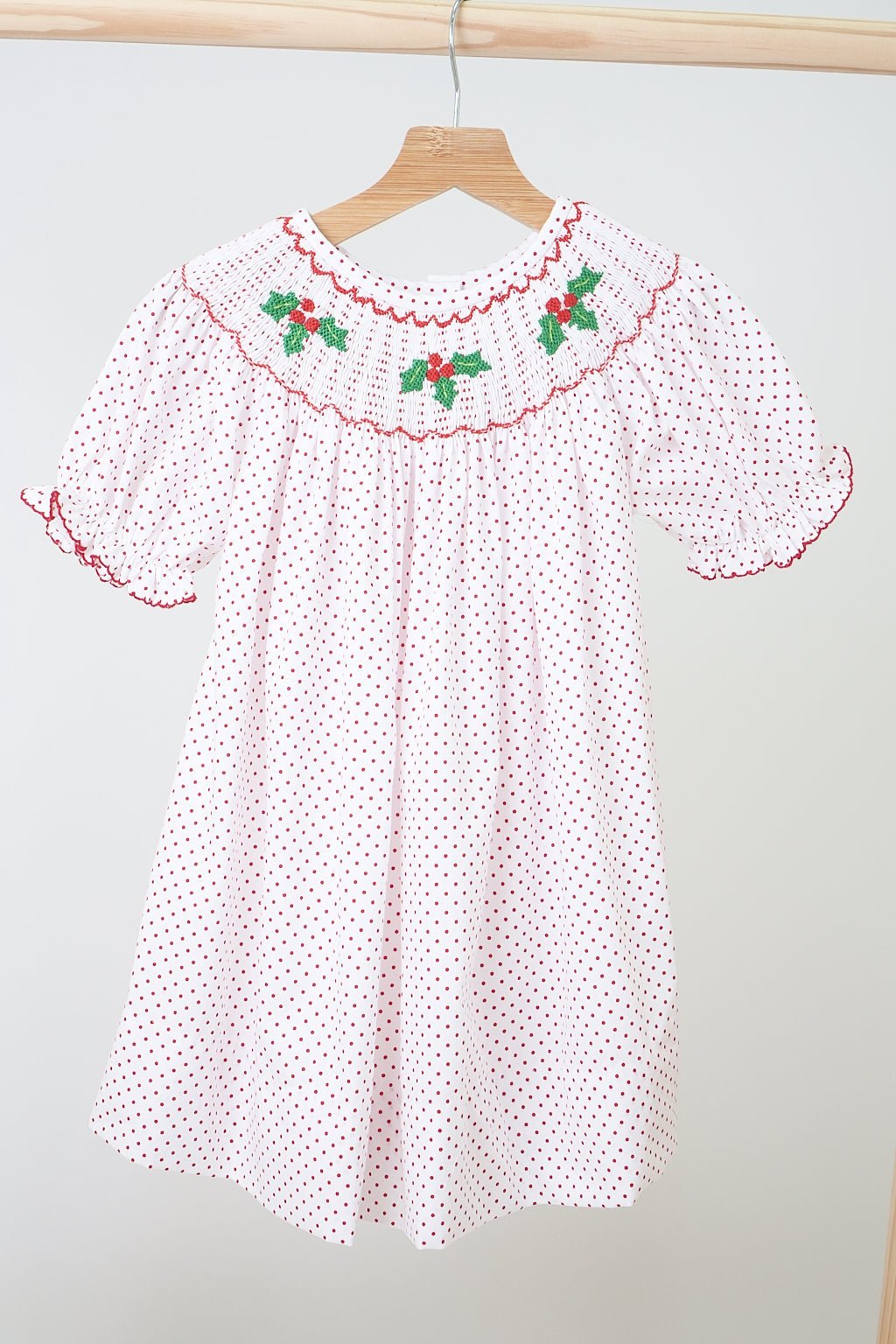 Pink christmas bishop hand smocked dot dress - Abbies Place