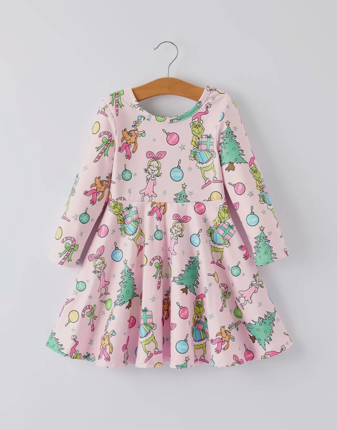 Pink Christmas Character Print Long Sleeve Girls Dress - Abbies Place