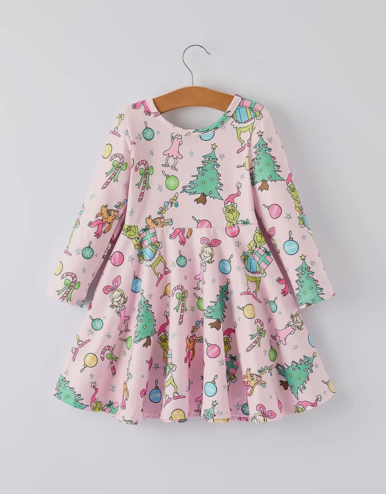 Pink Christmas Character Print Long Sleeve Girls Dress - Abbies Place