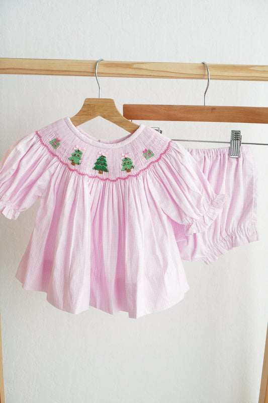 Pink christmas tree hand smocked bloomer set - Abbies Place