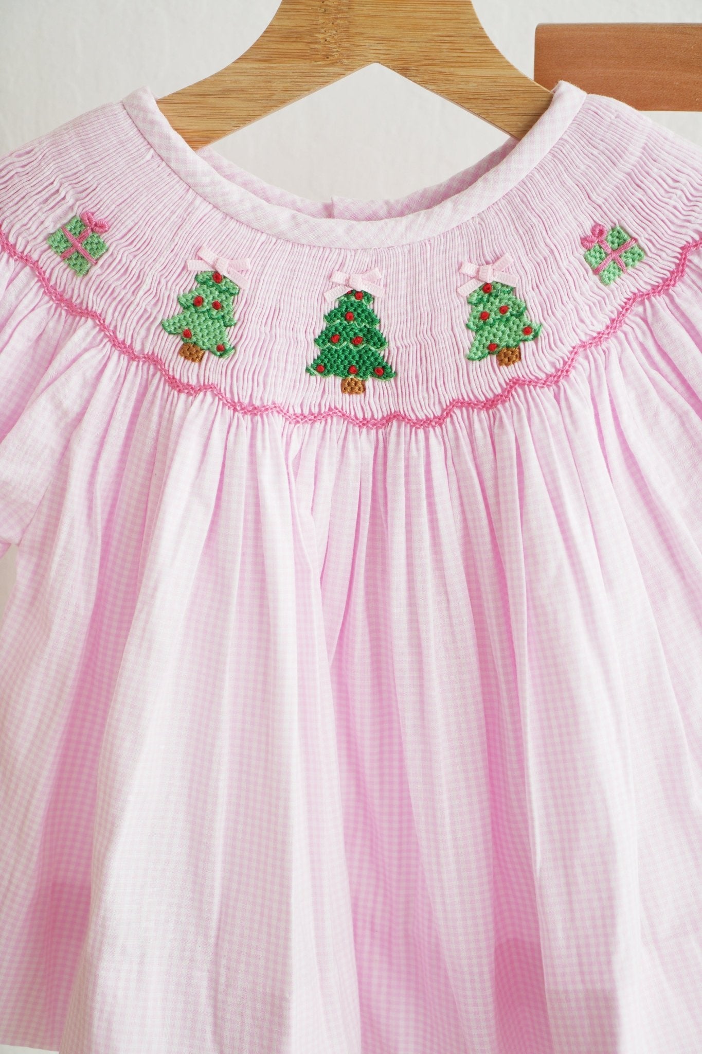 Pink christmas tree hand smocked bloomer set - Abbies Place