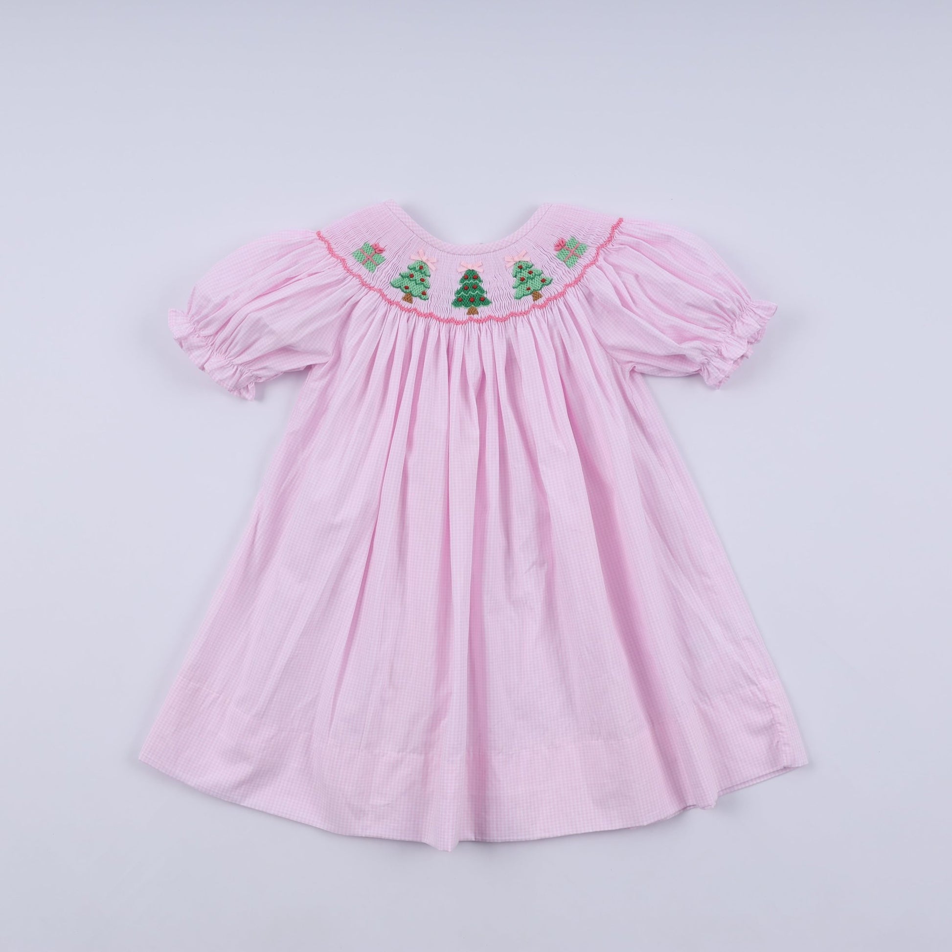 Pink christmas tree hand smocked dress - Abbies Place