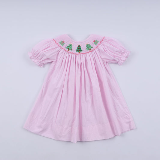 Pink christmas tree hand smocked dress - Abbies Place