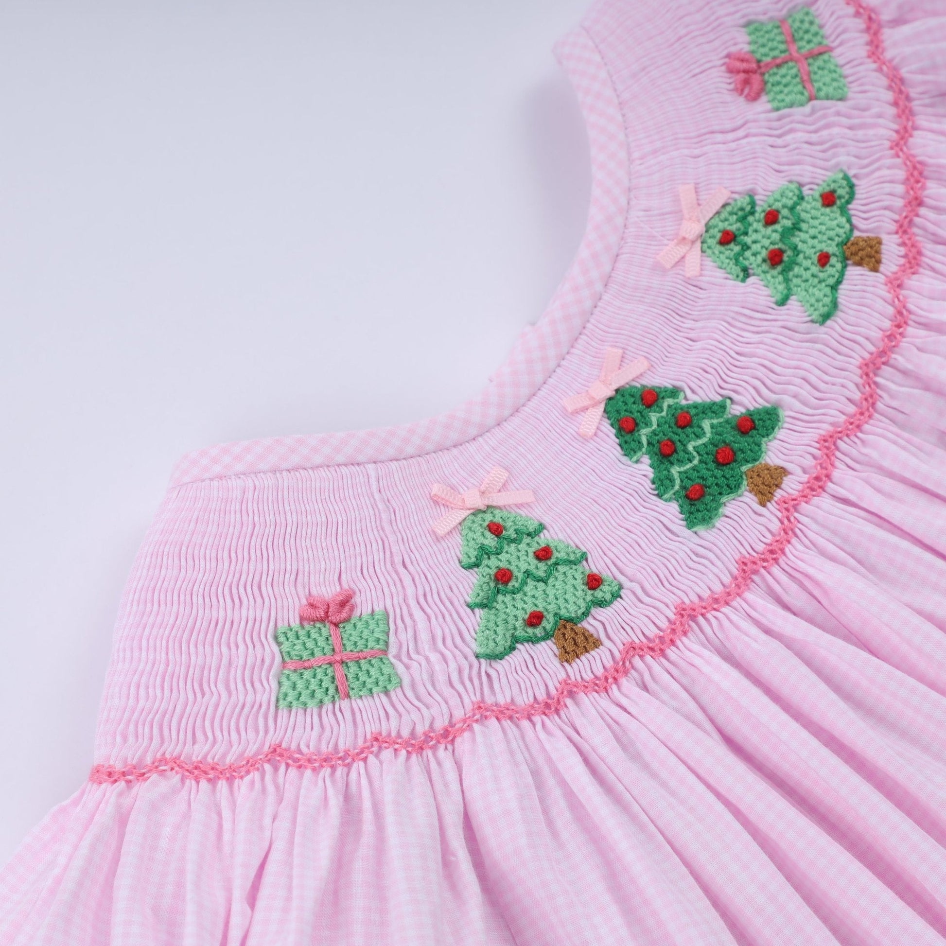 Pink christmas tree hand smocked dress - Abbies Place