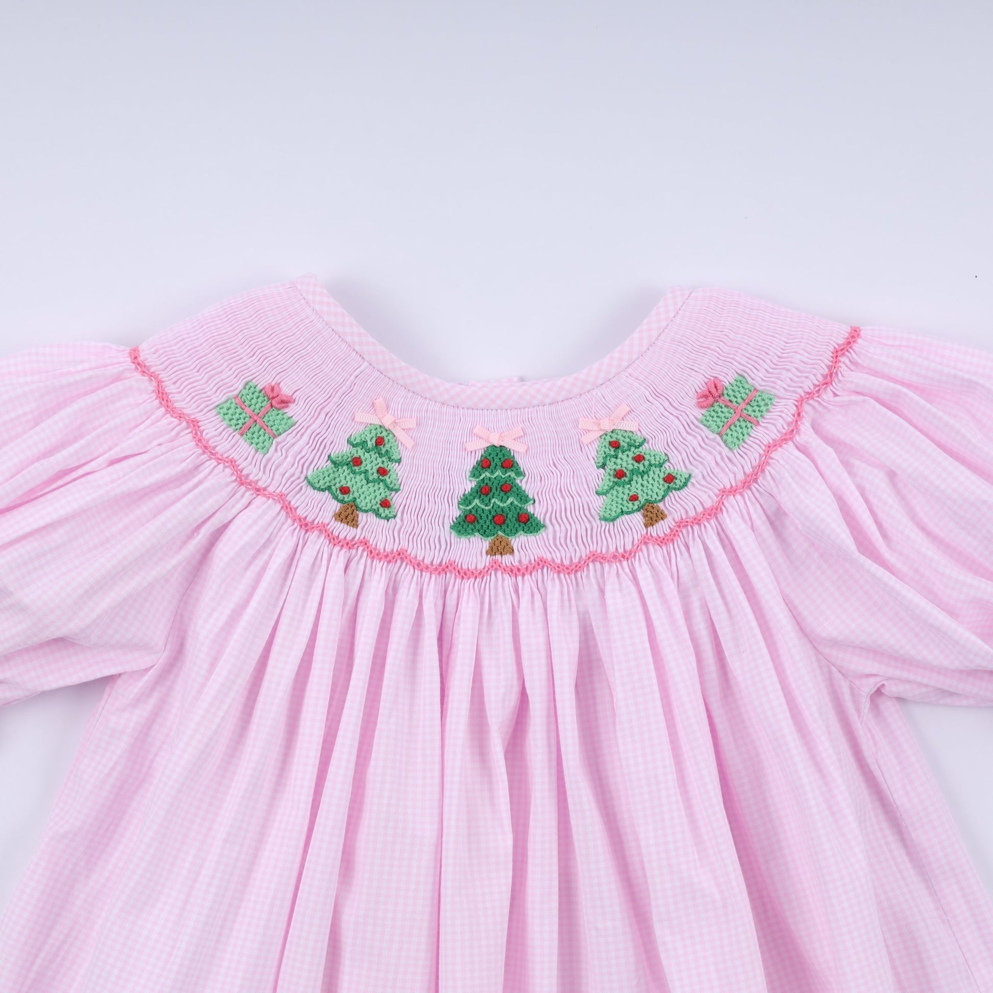 Pink christmas tree hand smocked dress - Abbies Place