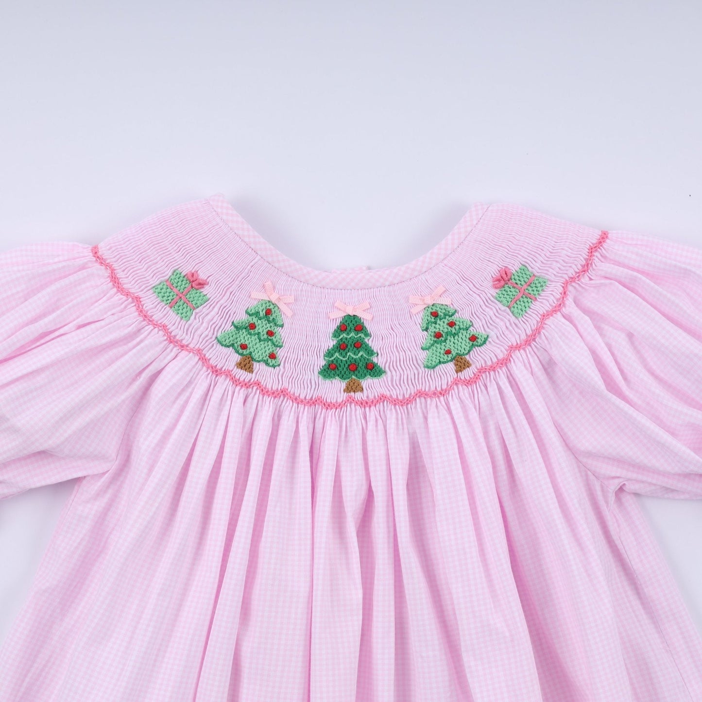 Pink christmas tree hand smocked dress - Abbies Place