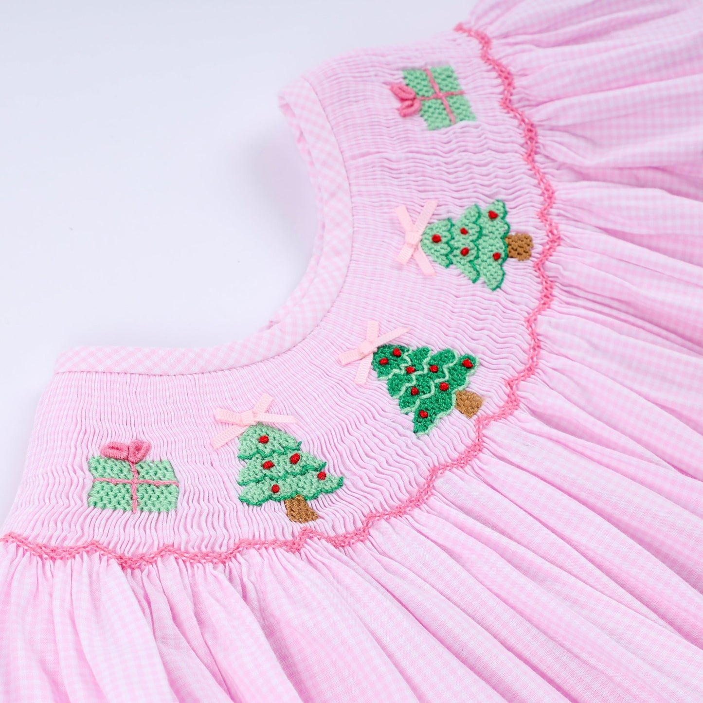 Pink christmas tree hand smocked ruffle pants set - Abbies Place