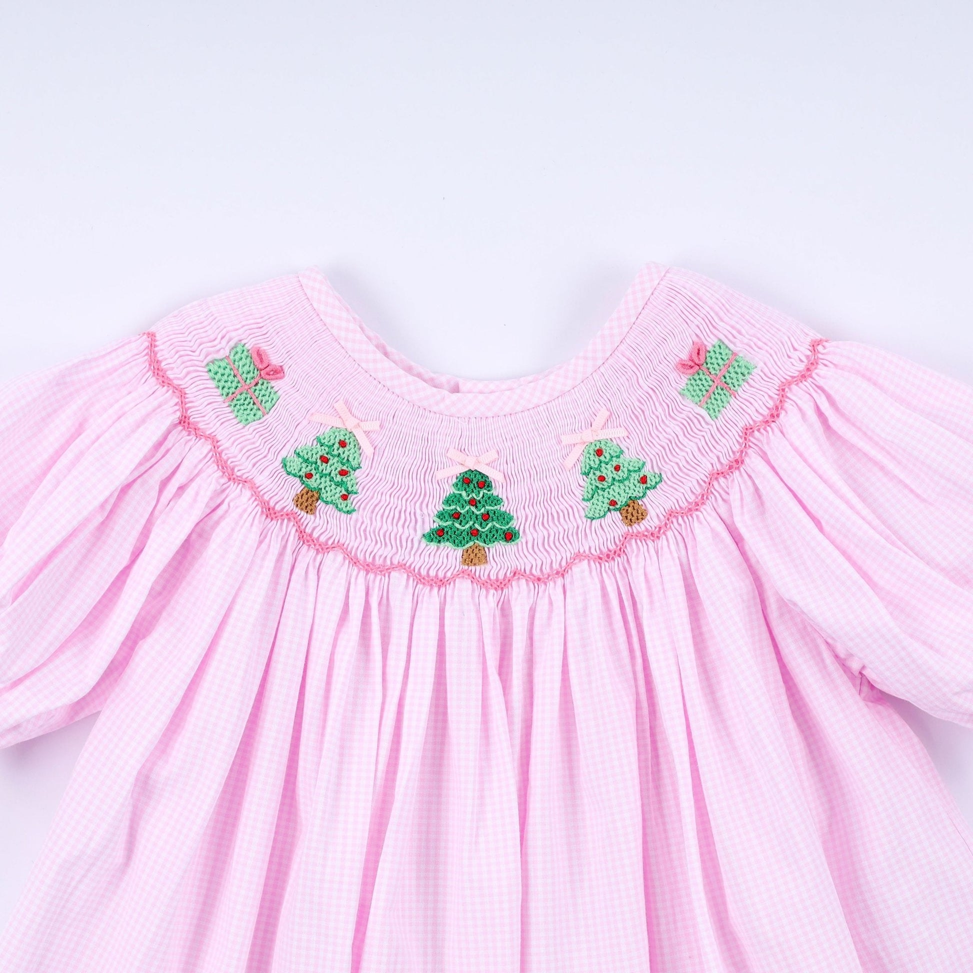 Pink christmas tree hand smocked ruffle pants set - Abbies Place