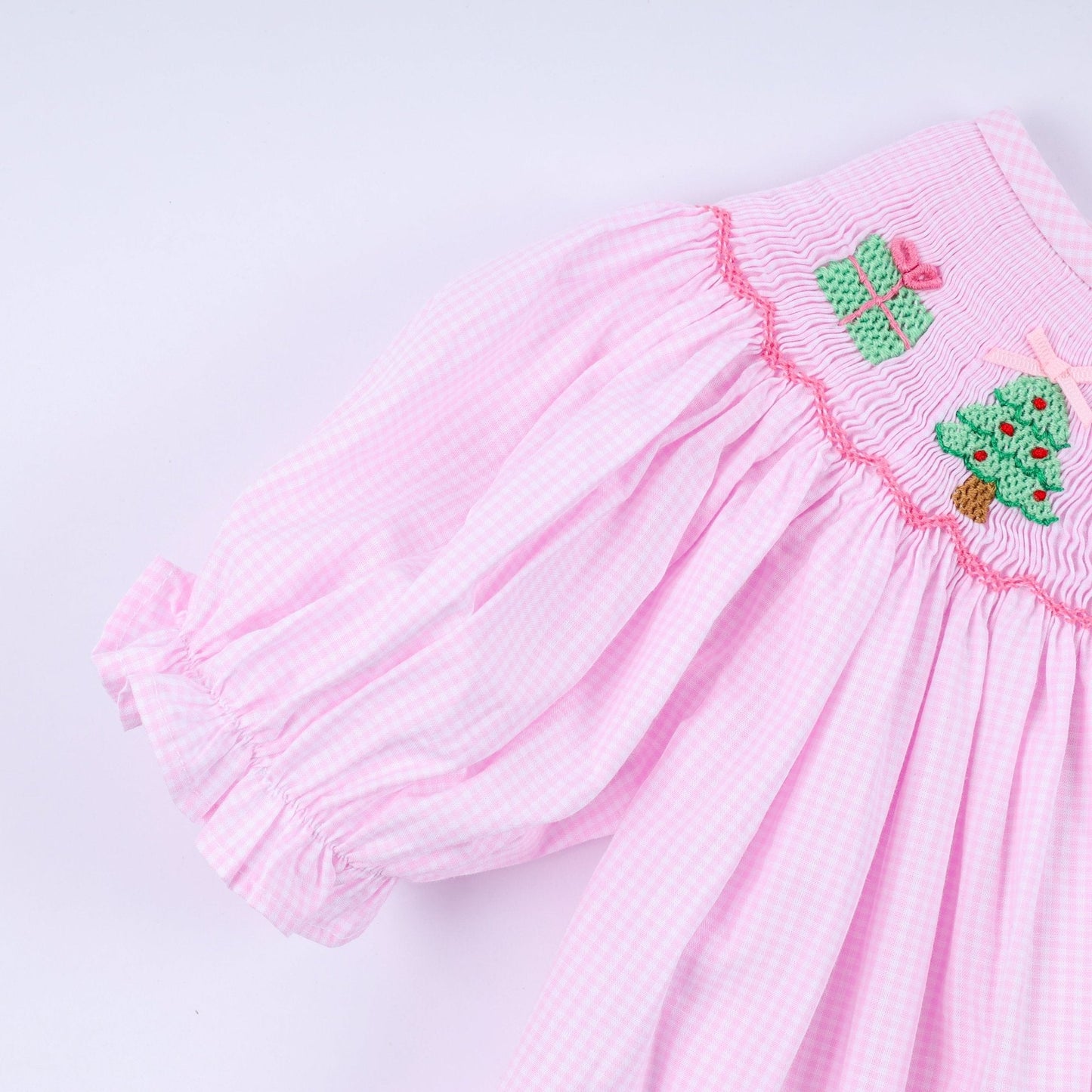 Pink christmas tree hand smocked ruffle pants set - Abbies Place