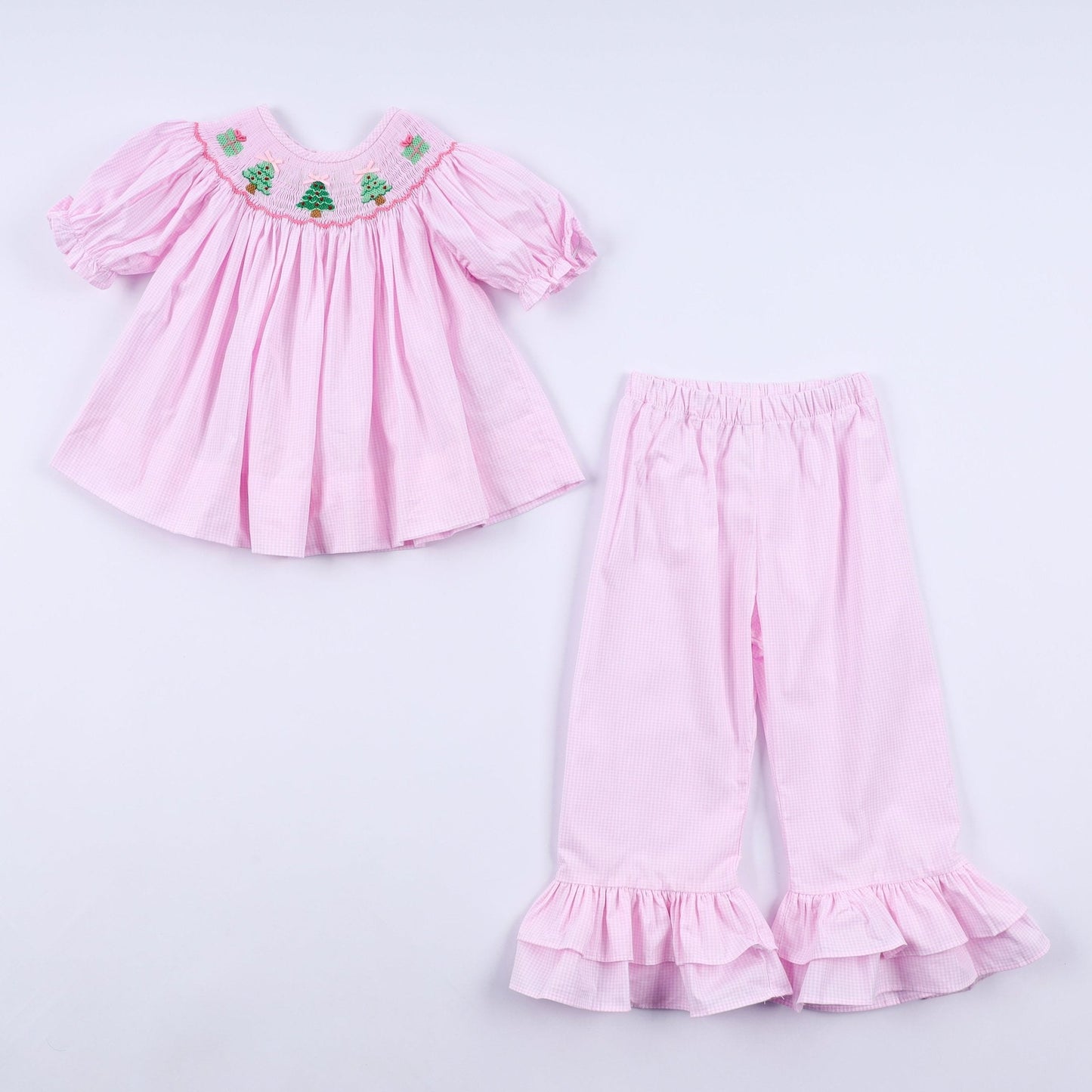 Pink christmas tree hand smocked ruffle pants set - Abbies Place