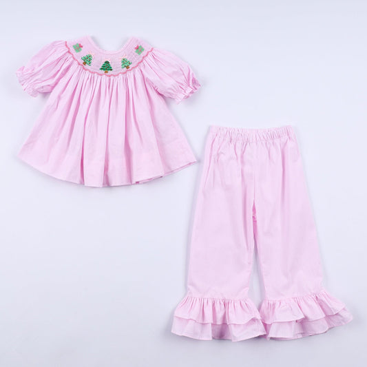 Pink christmas tree hand smocked ruffle pants set - Abbies Place