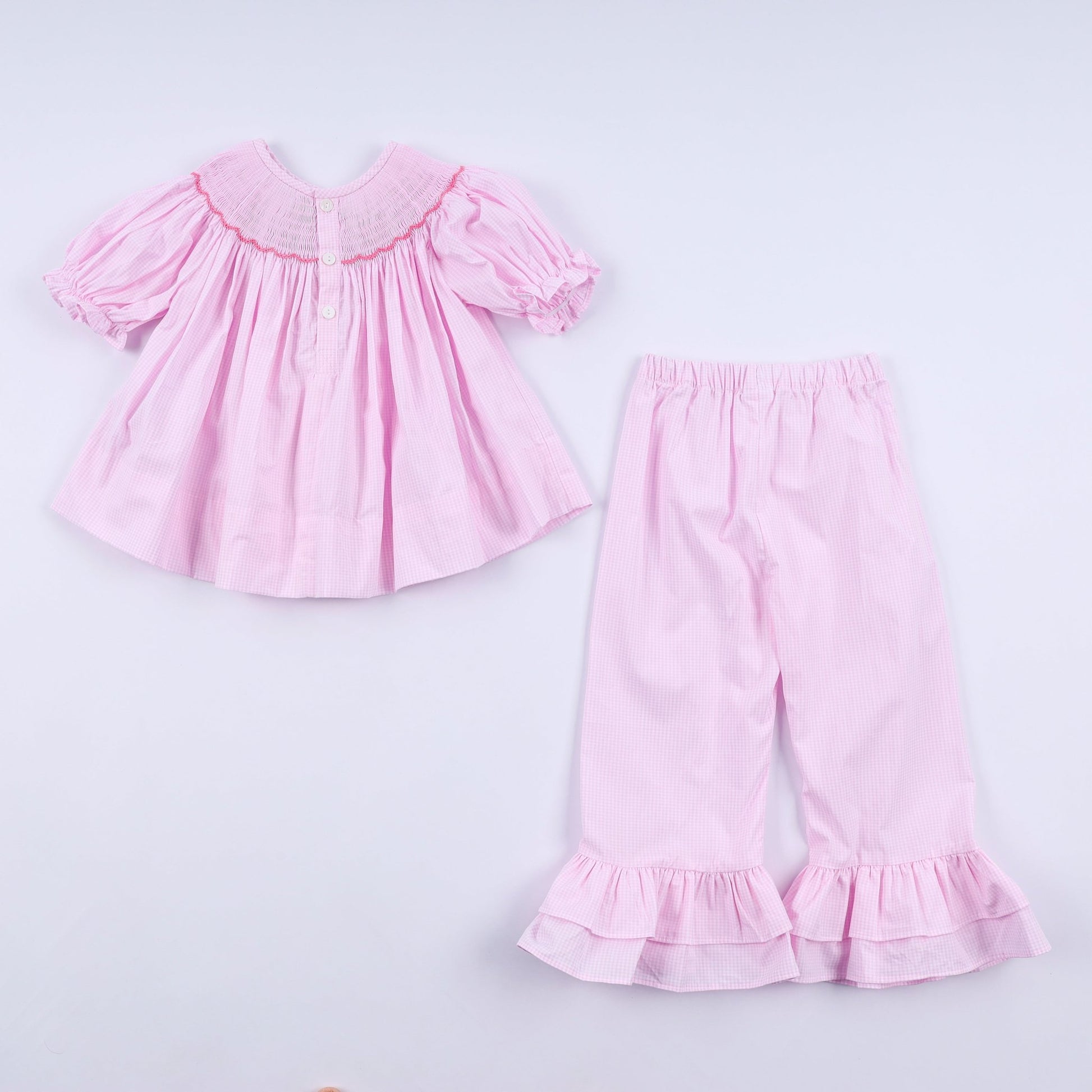 Pink christmas tree hand smocked ruffle pants set - Abbies Place