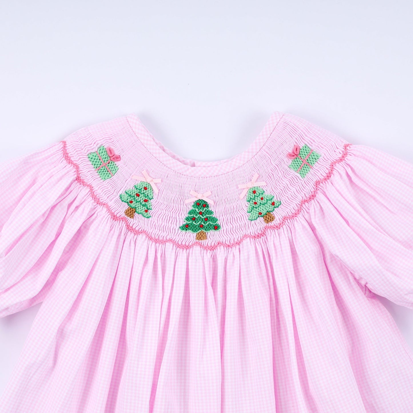 Pink christmas tree hand smocked ruffle pants set - Abbies Place
