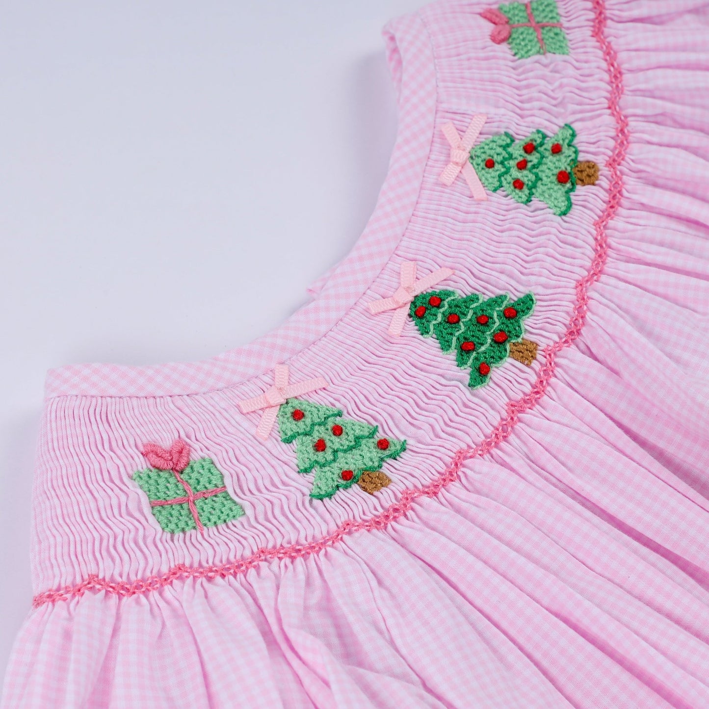 Pink christmas tree hand smocked ruffle romper - Abbies Place