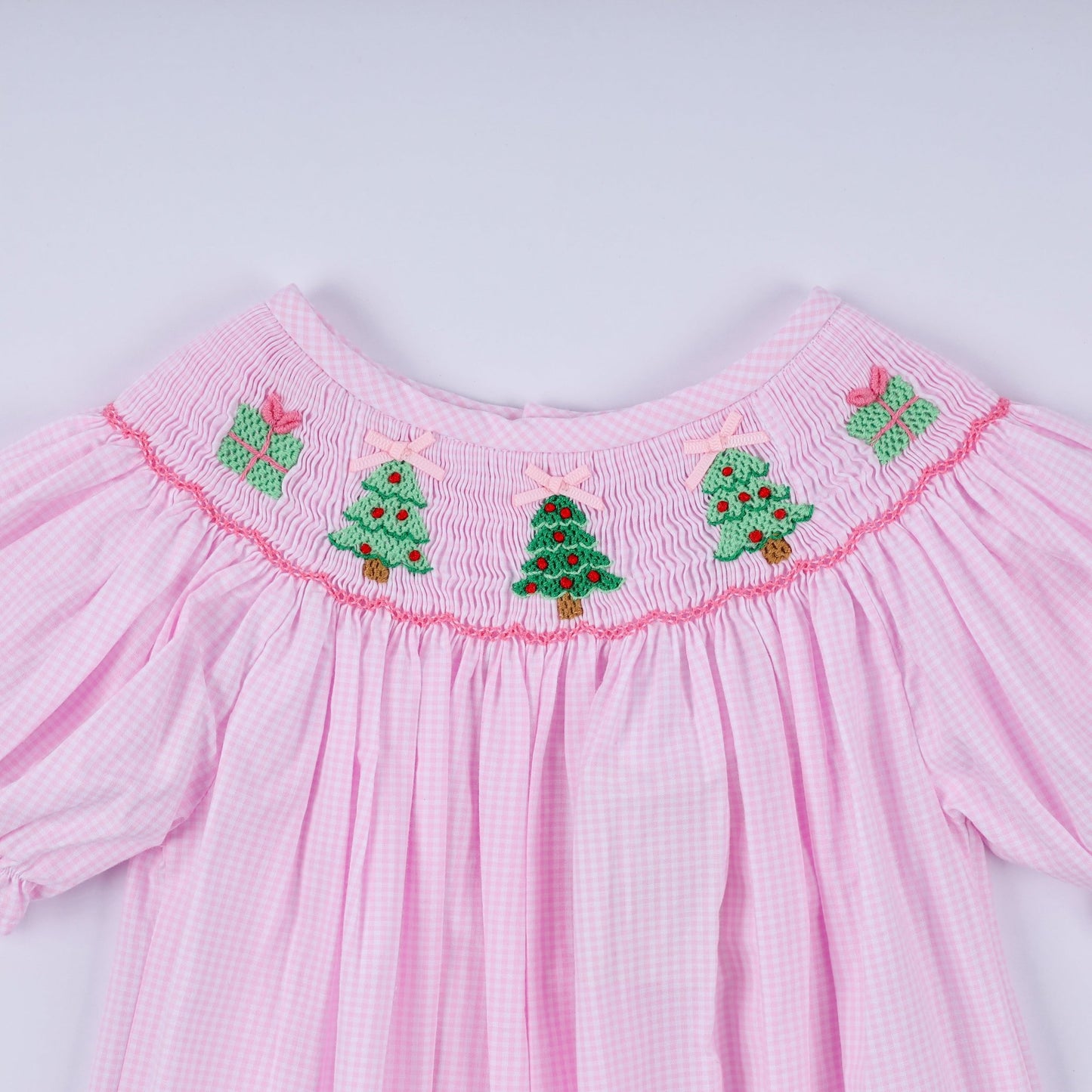 Pink christmas tree hand smocked ruffle romper - Abbies Place