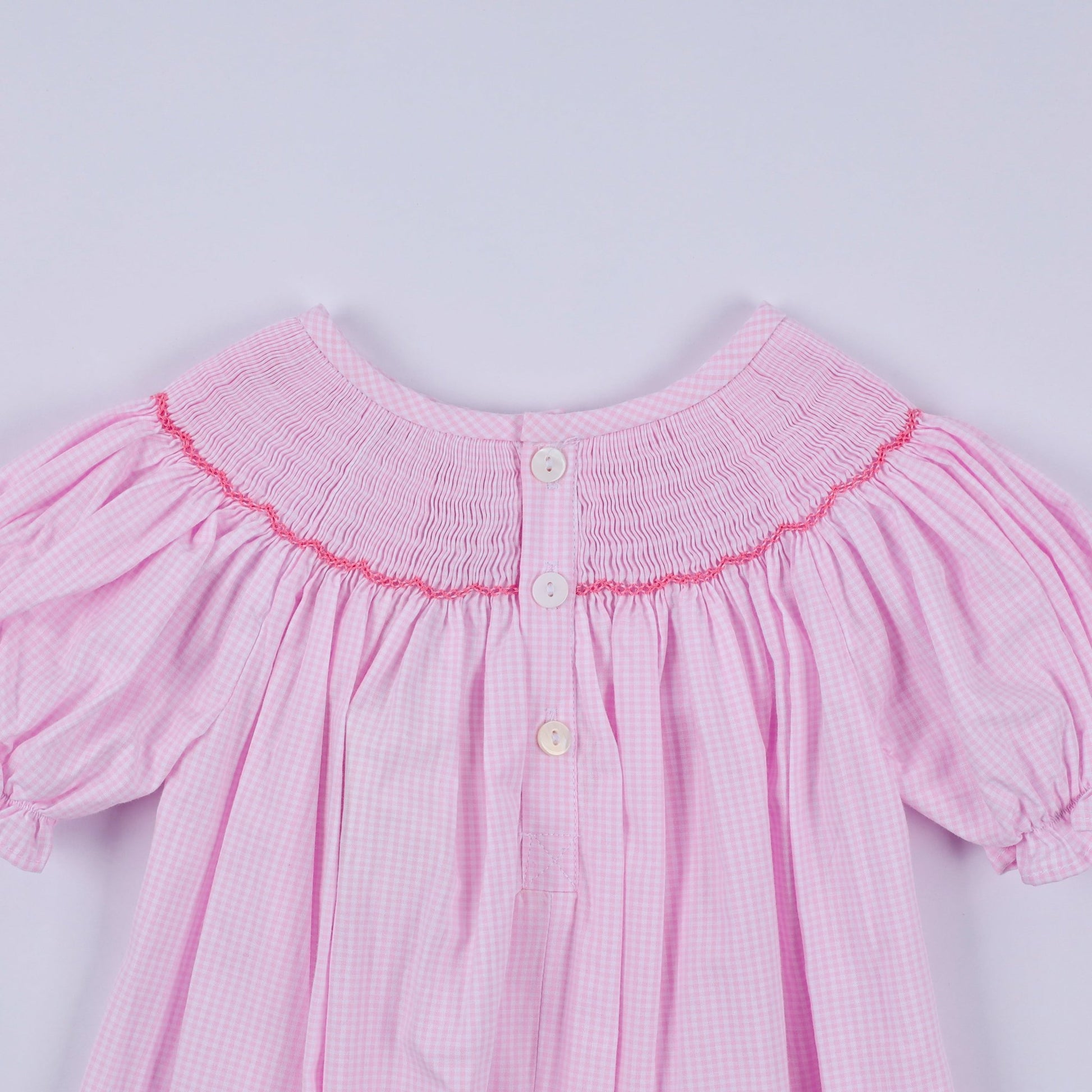 Pink christmas tree hand smocked ruffle romper - Abbies Place
