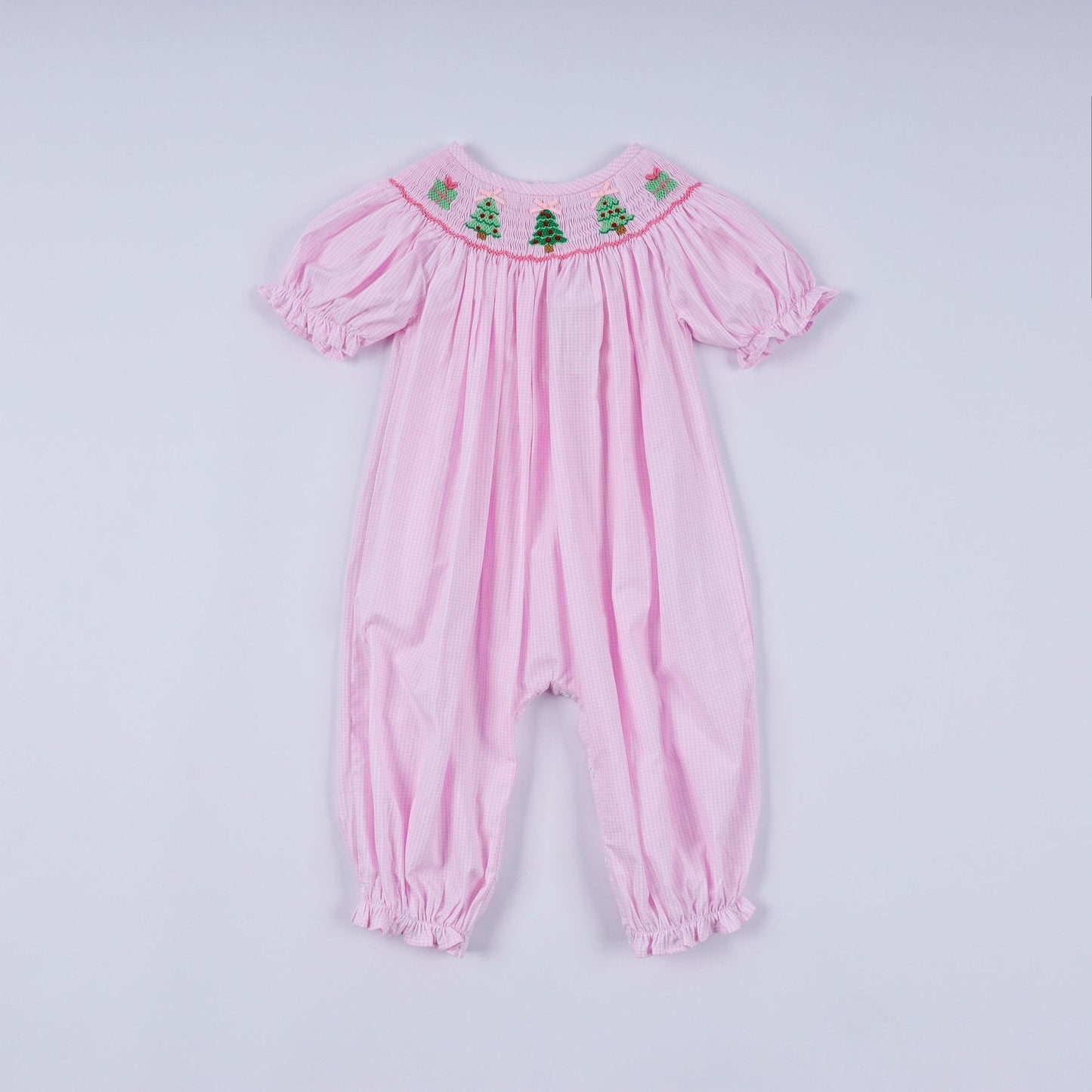 Pink christmas tree hand smocked ruffle romper - Abbies Place